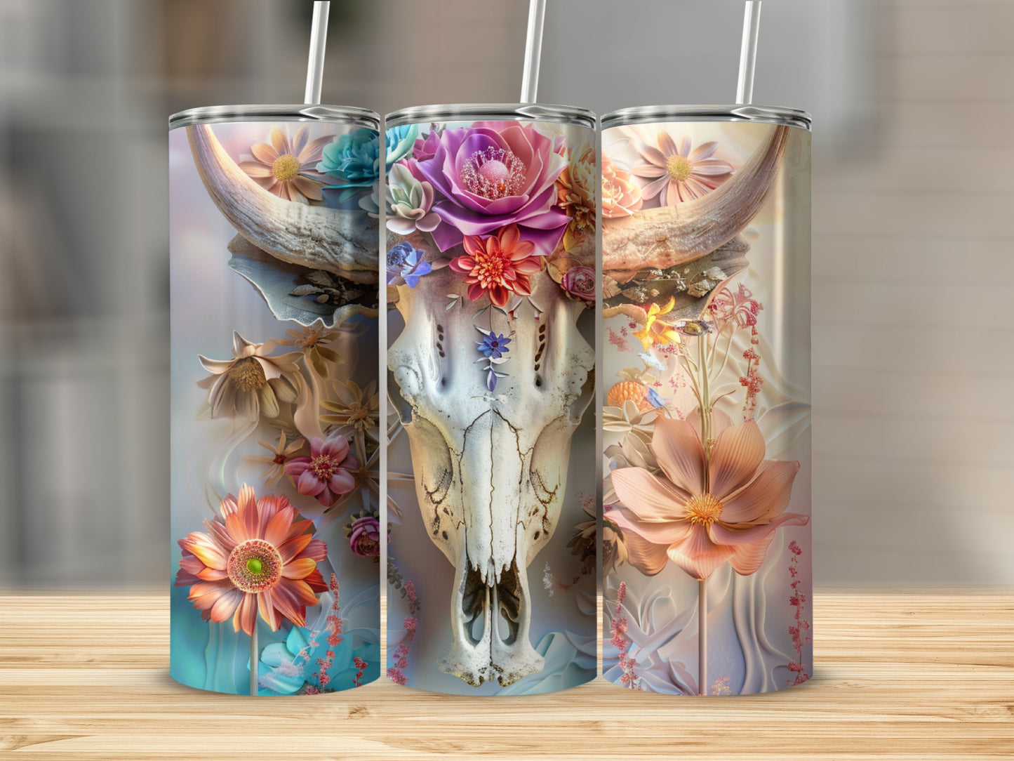 Floral skull tumbler design with floral accents.