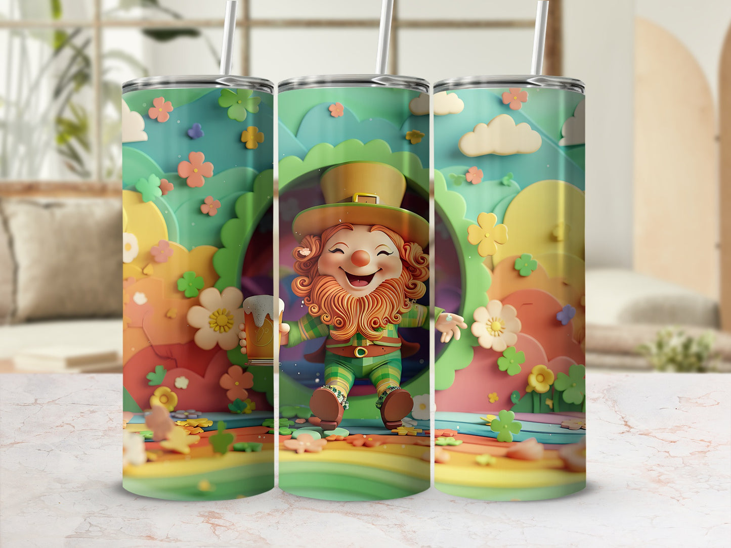 Leprechaun with beer mug on St. Patrick's Day themed tumbler.
