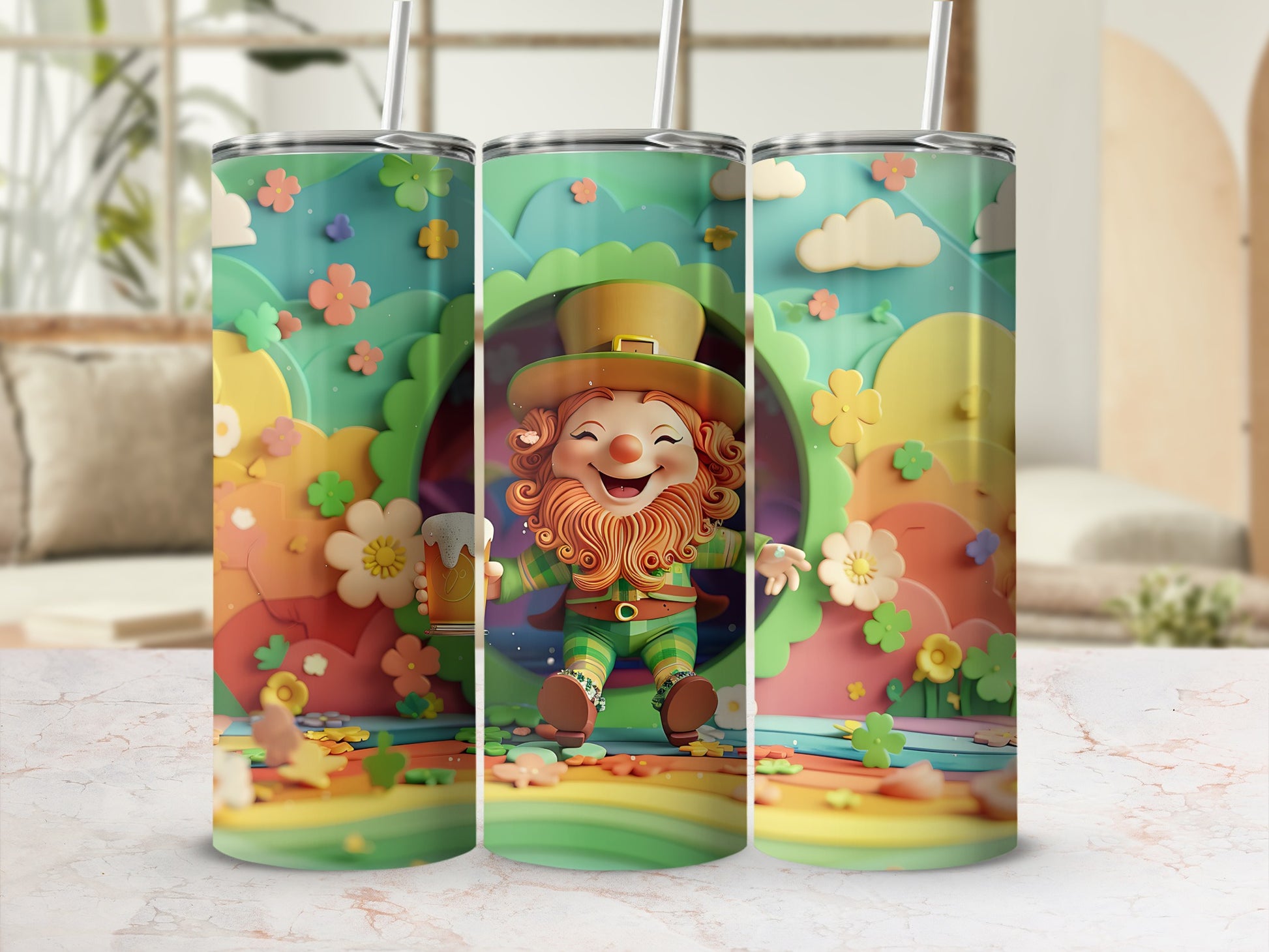 Leprechaun with beer mug on St. Patrick's Day themed tumbler.