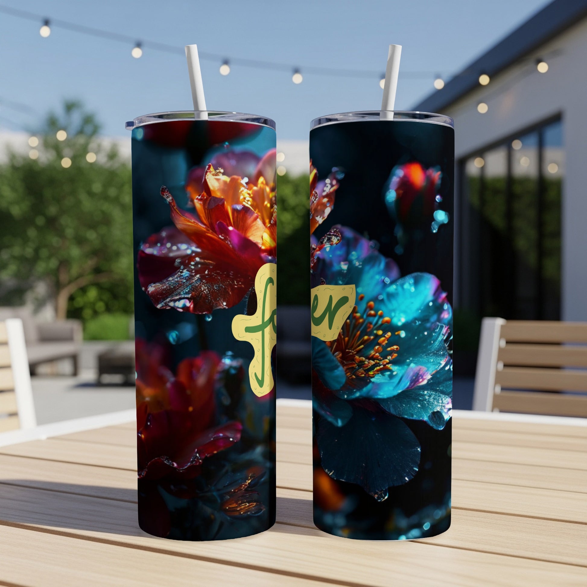 Two tumblers featuring colorful, dewy flowers with the word "flower" in yellow.