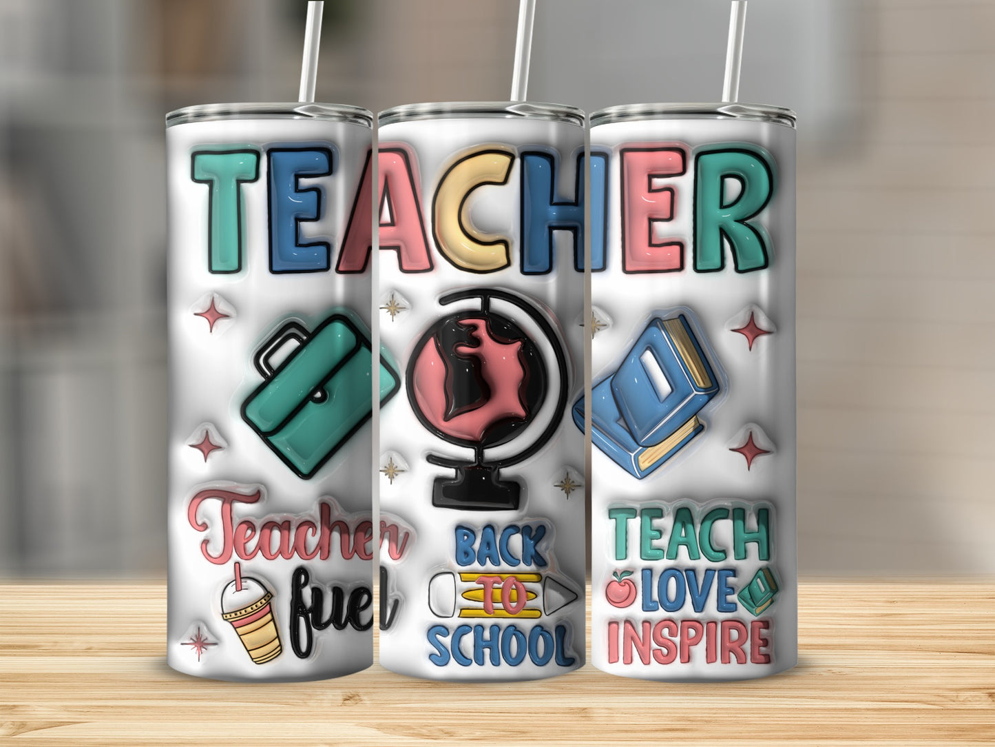 Three teacher-themed tumblers with school icons and motivational text.