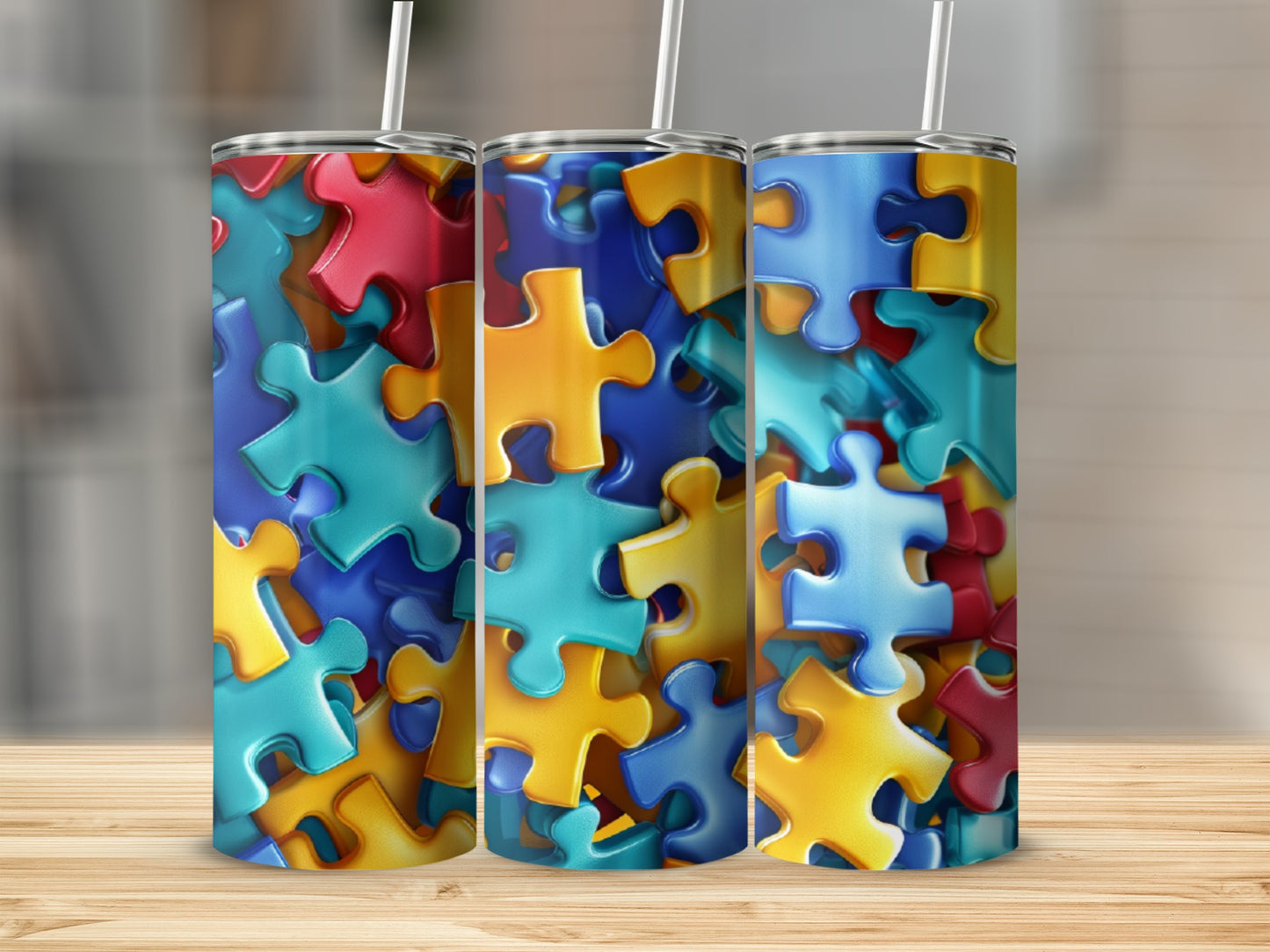 Three tumblers decorated with colorful puzzle pieces on a wooden surface.