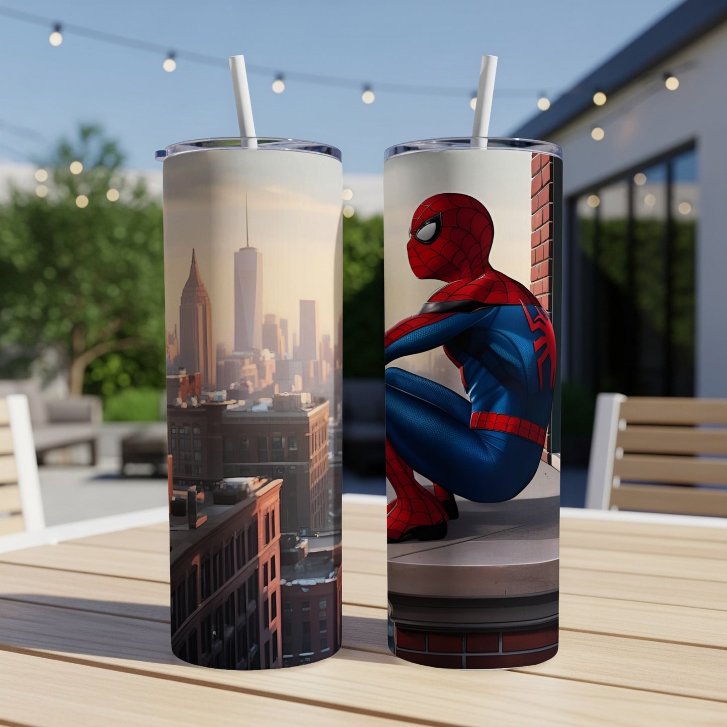 Spider-Man in costume crouches on a rooftop overlooking a cityscape.
