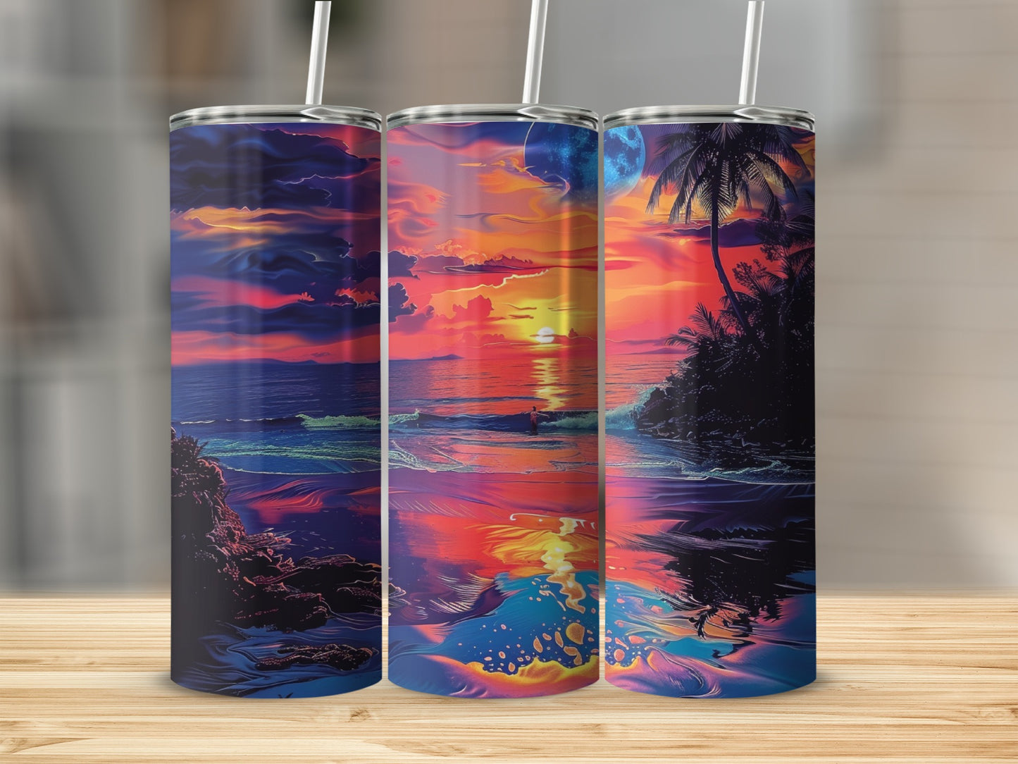 Sunset beach scene with palm trees reflected in water on three tumblers.
