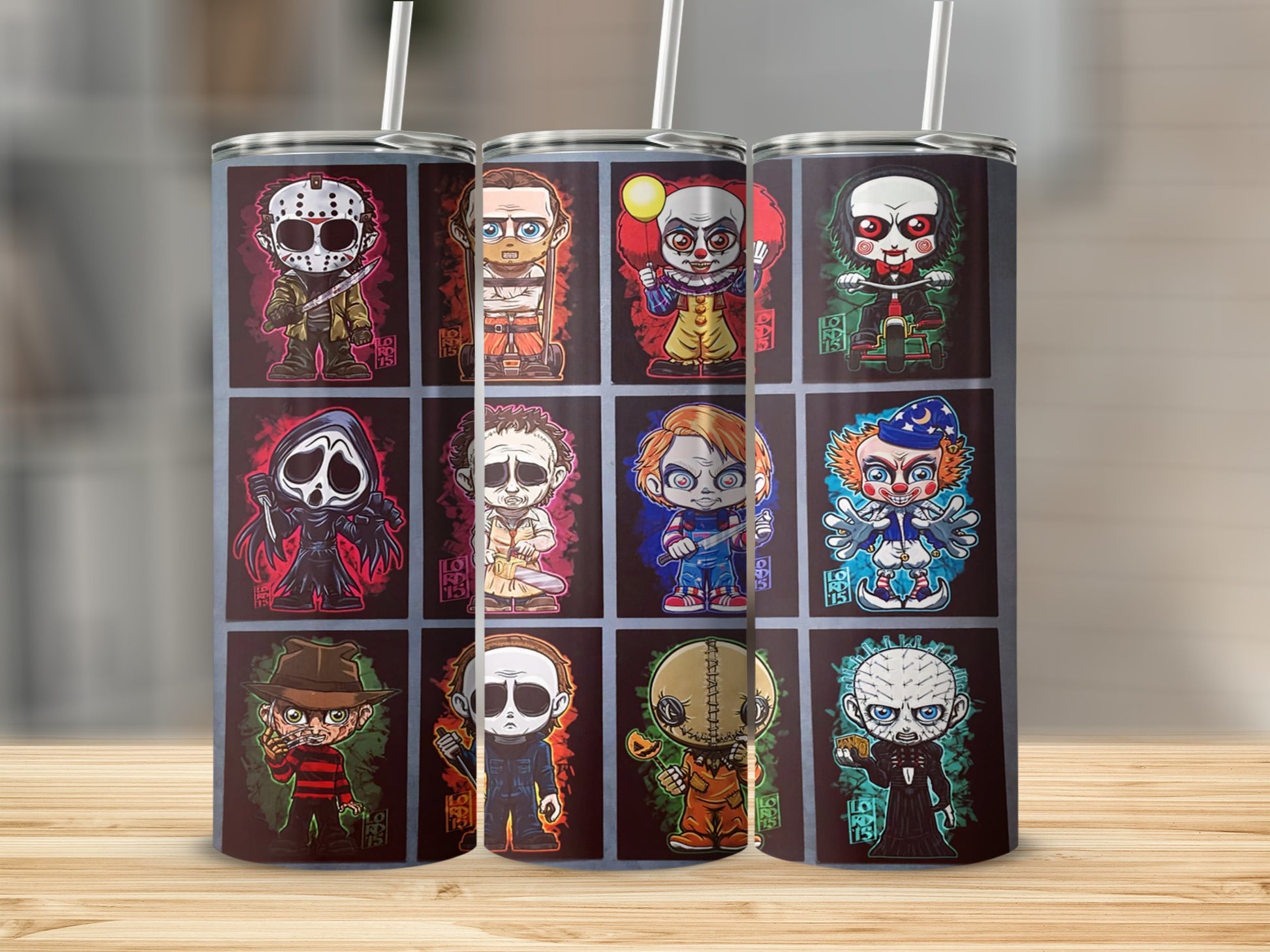 Chibi horror characters on a tumbler: Ghostface, Pennywise, Jason, Freddy, Chucky.