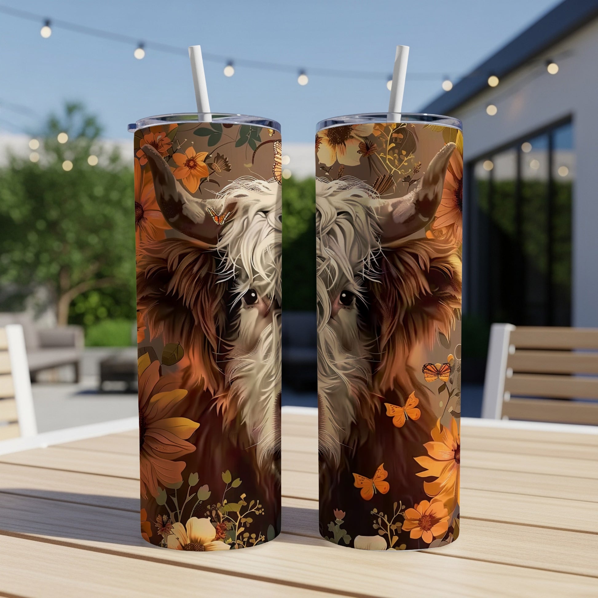Two tumblers featuring a highland cow with floral and butterfly accents.