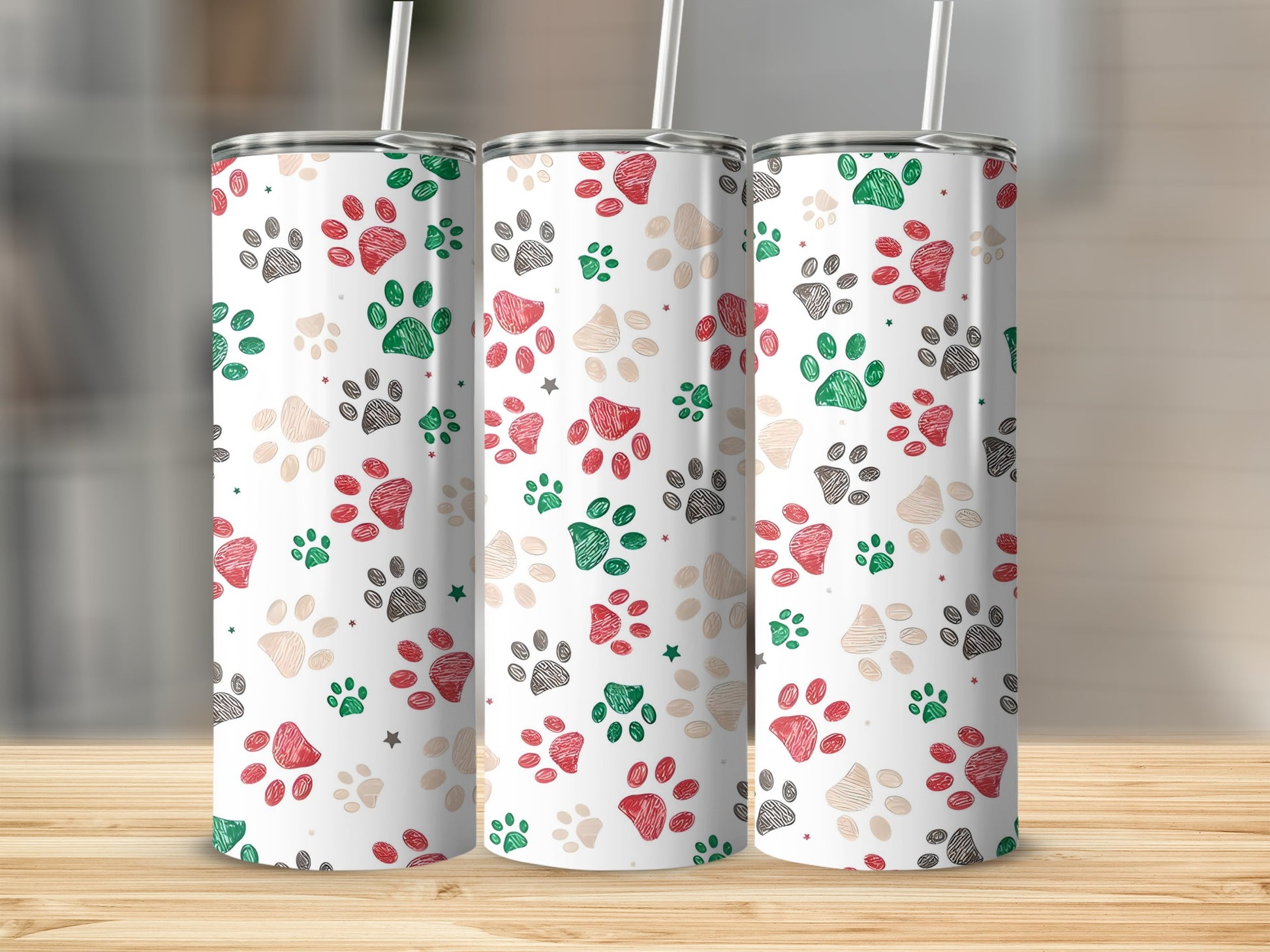 Colorful Paw Print Design Tumbler with Straw Cup