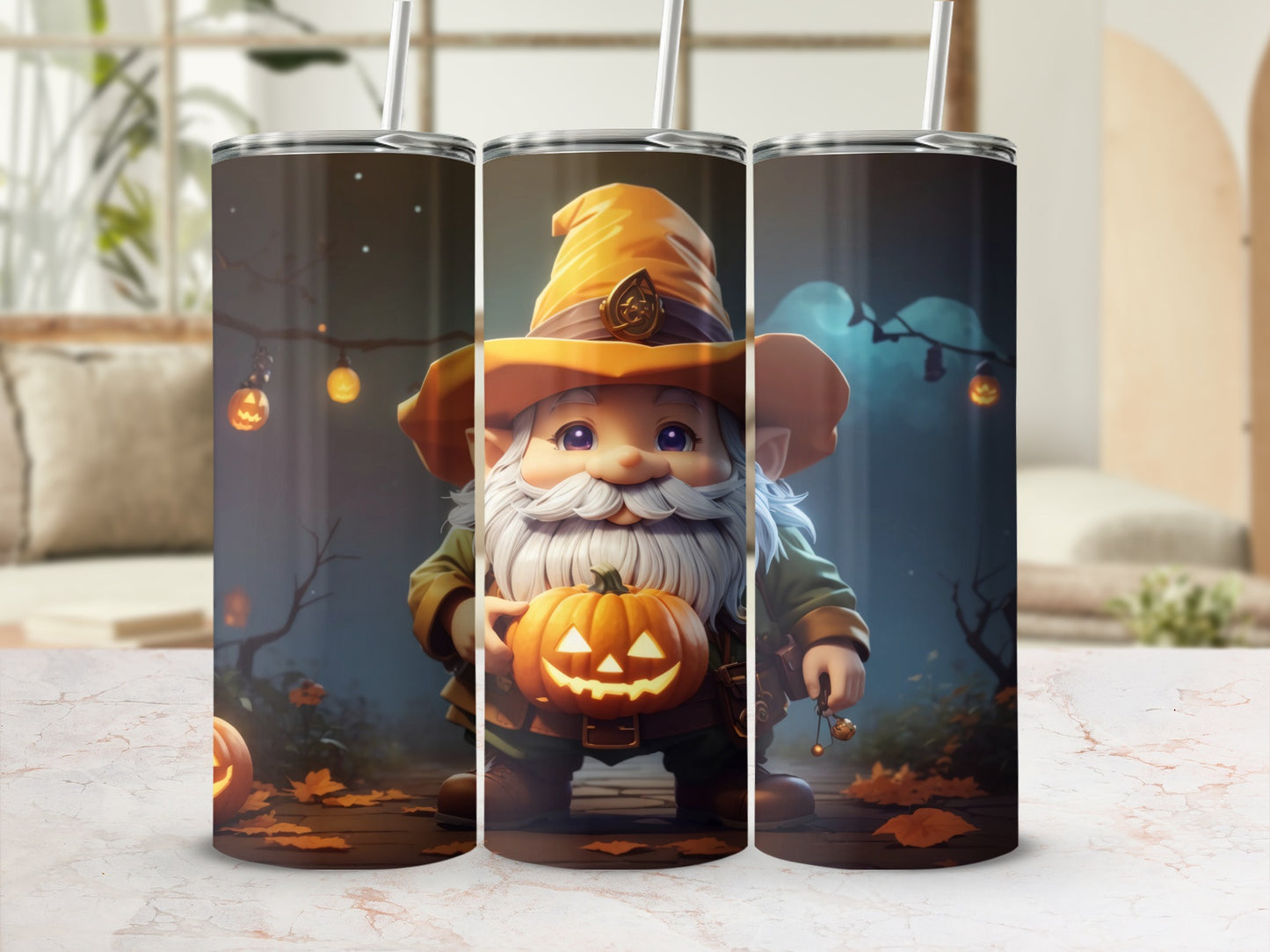 Halloween gnome holding a lit pumpkin, wearing a wizard hat.