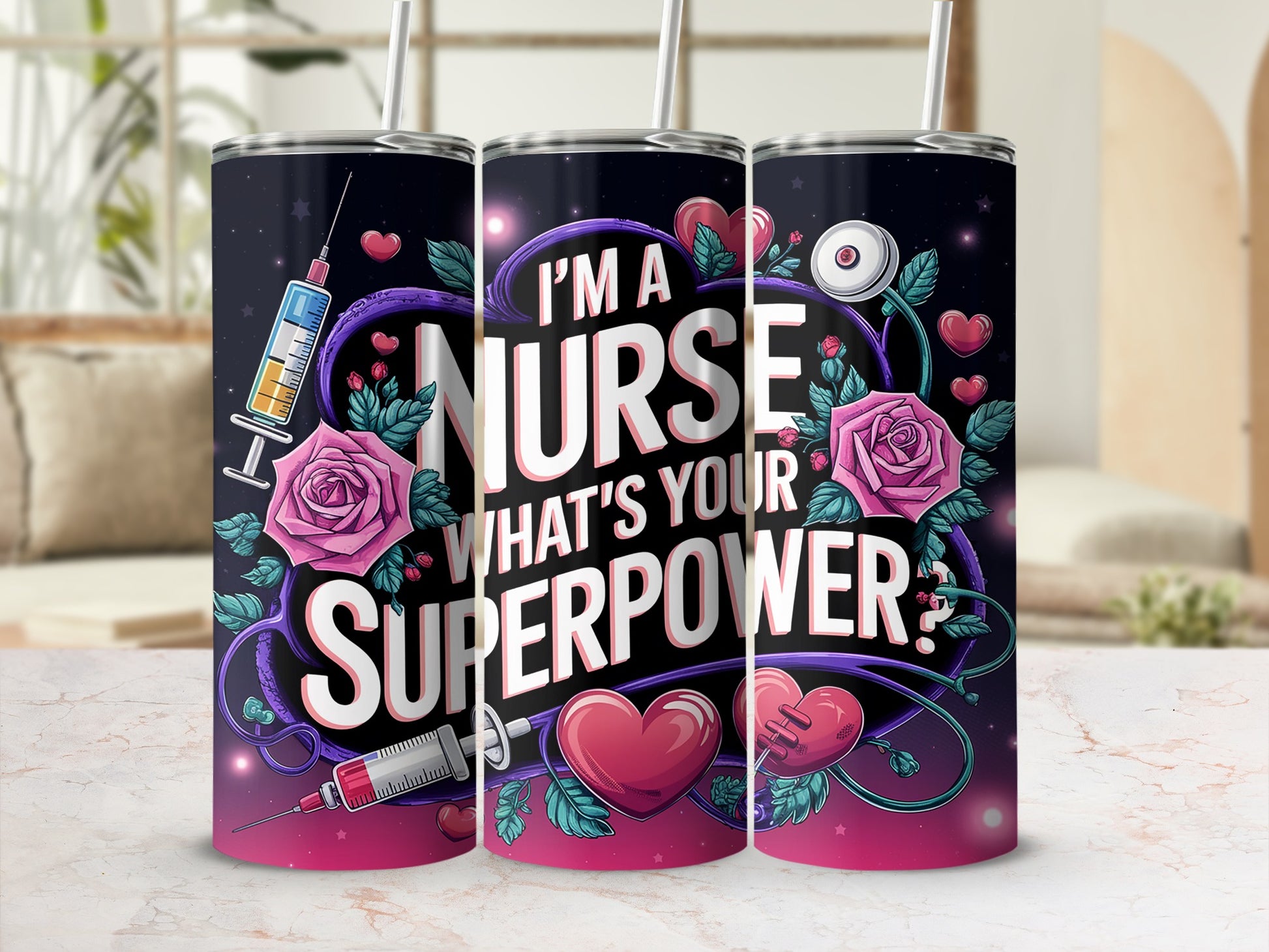 Tumbler with "I'm a nurse, what's your superpower?" text and medical graphics.