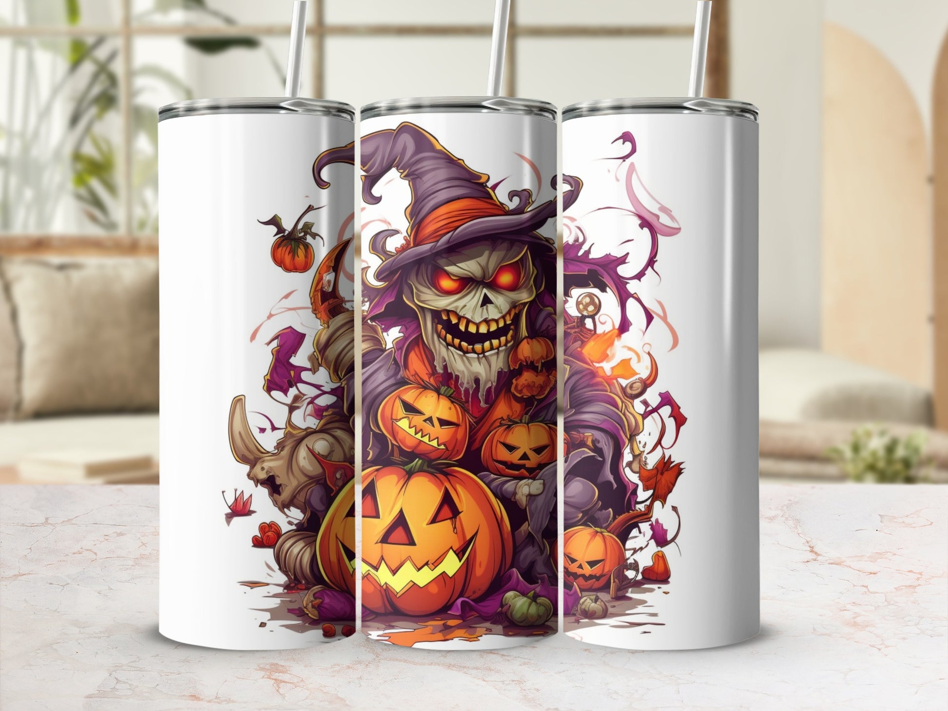 Spooky Halloween Themed Tumbler with Pumpkins Skeleton