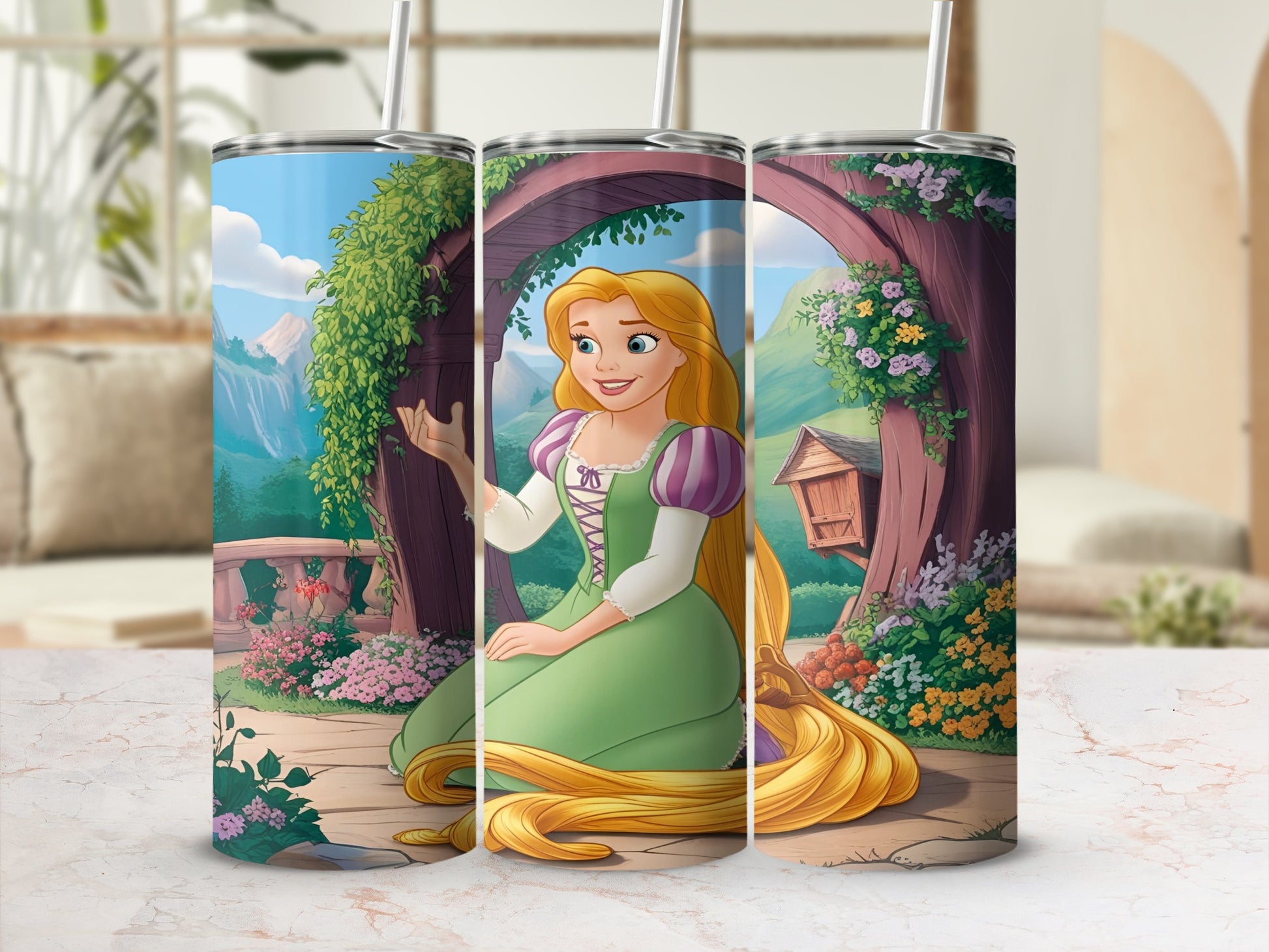 Rapunzel with long blonde hair sits in a garden archway.