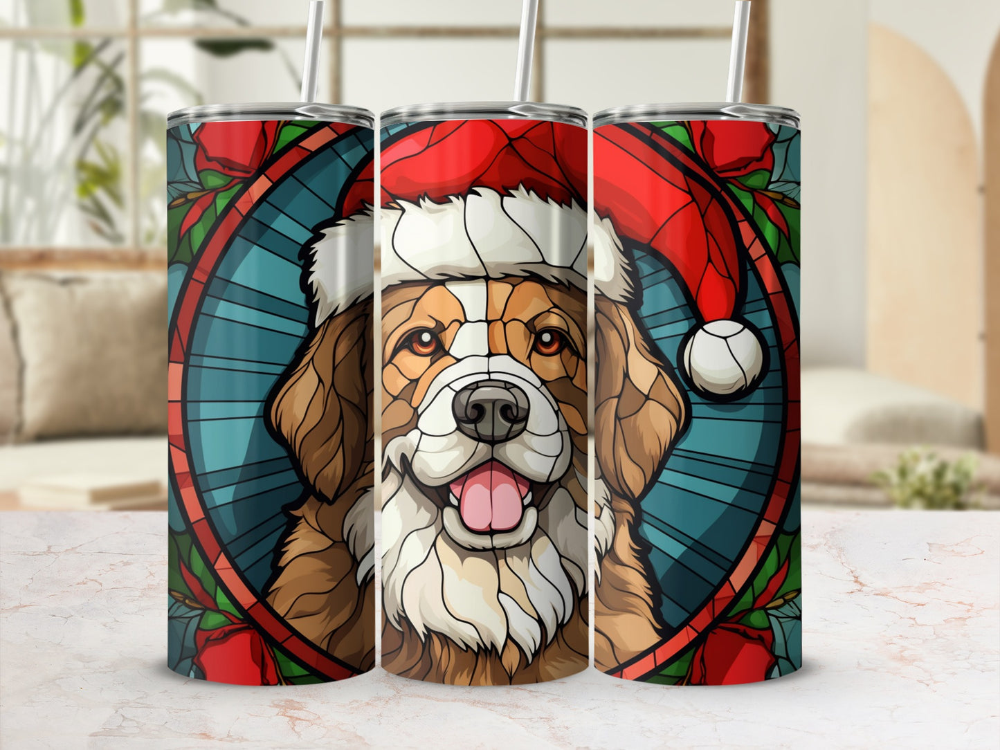 Stained glass dog wearing Santa hat, festive wreath design on tumbler.