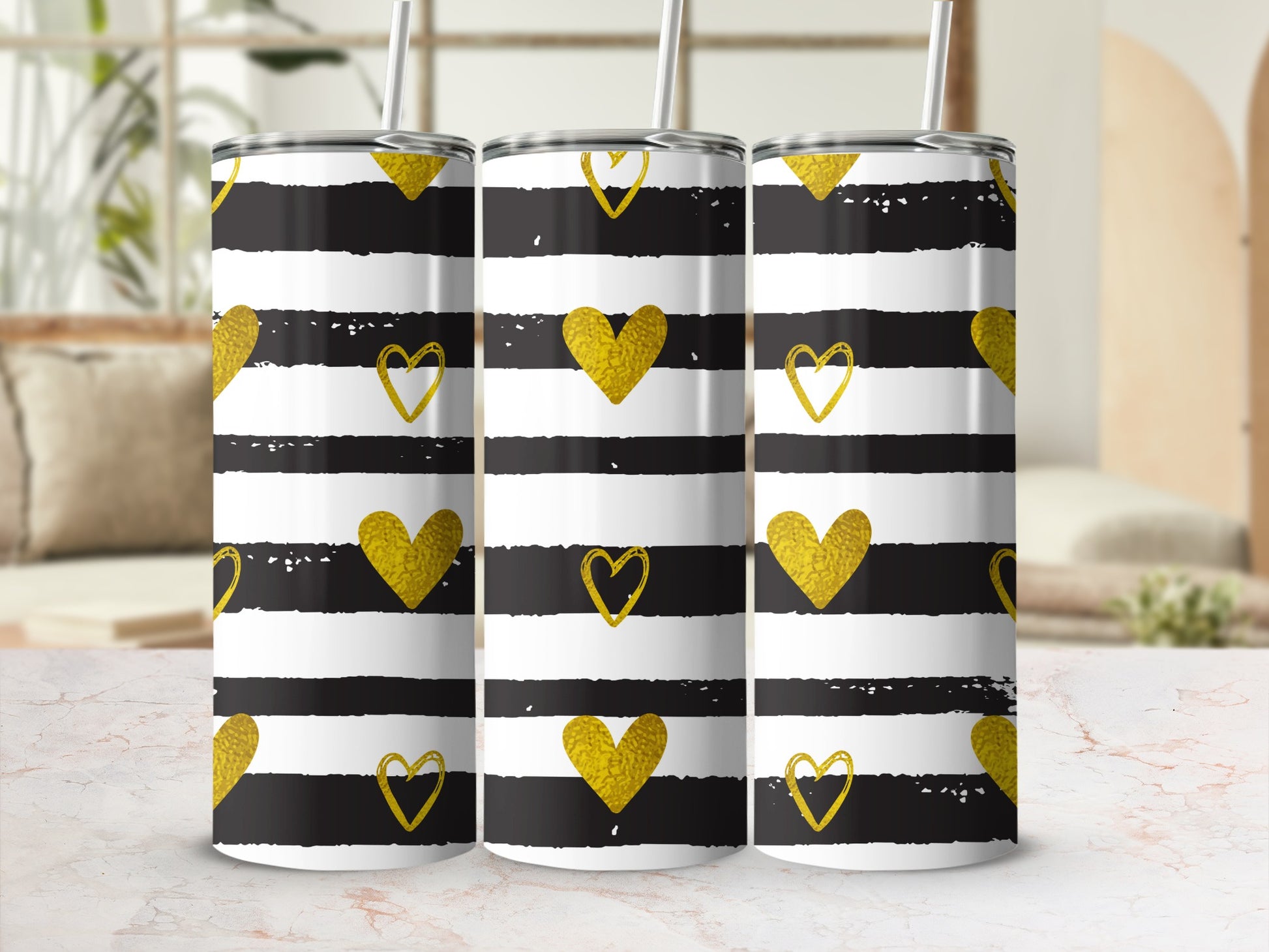 Gold Hearts on Black and White Stripe Tumbler