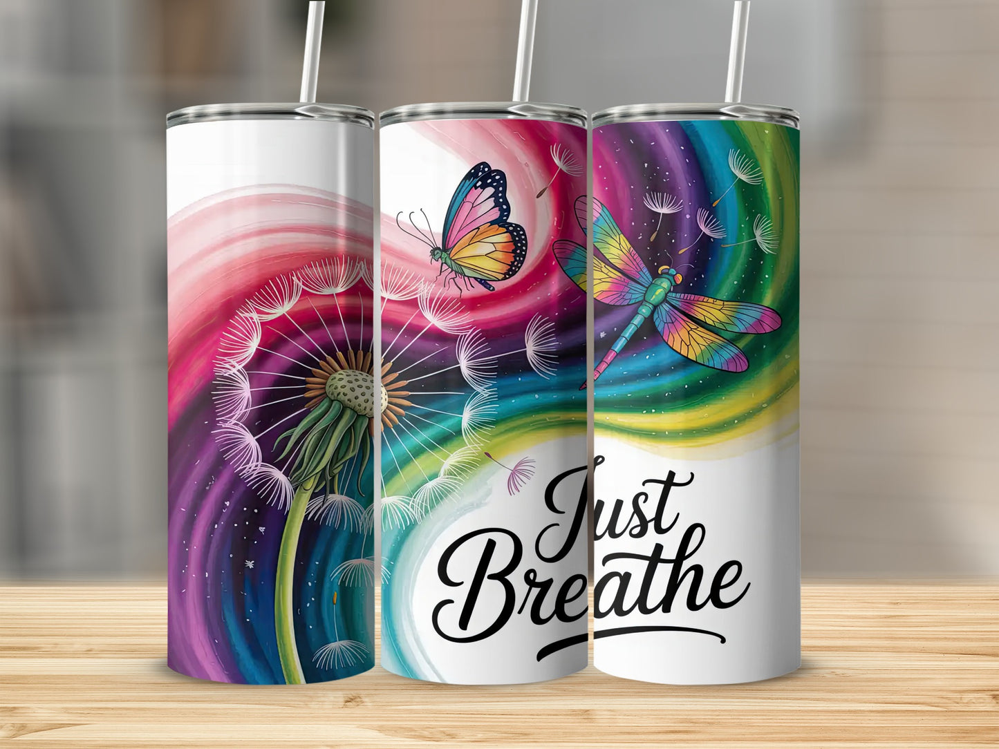 Vibrant Dragonfly Butterfly Just Breathe Tumbler