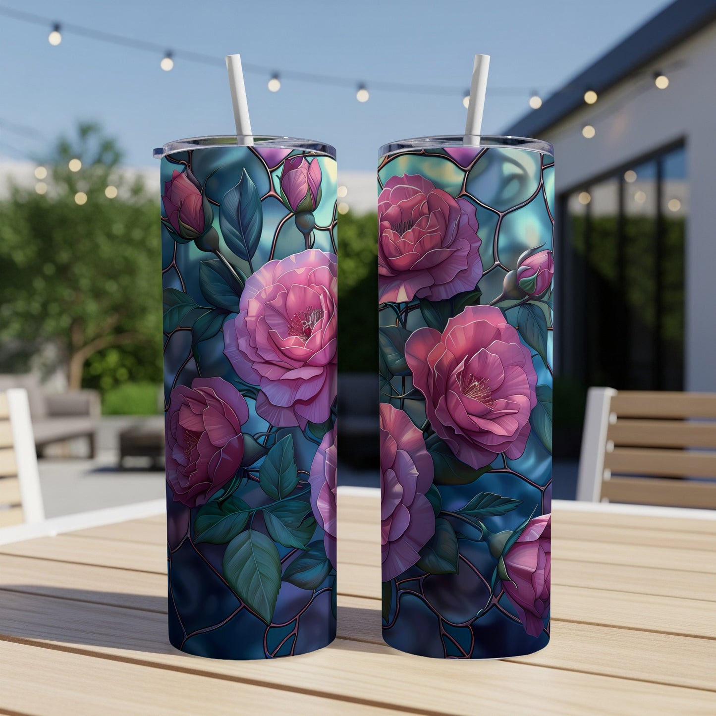 Two tumblers featuring a stained-glass rose design on a patio table.