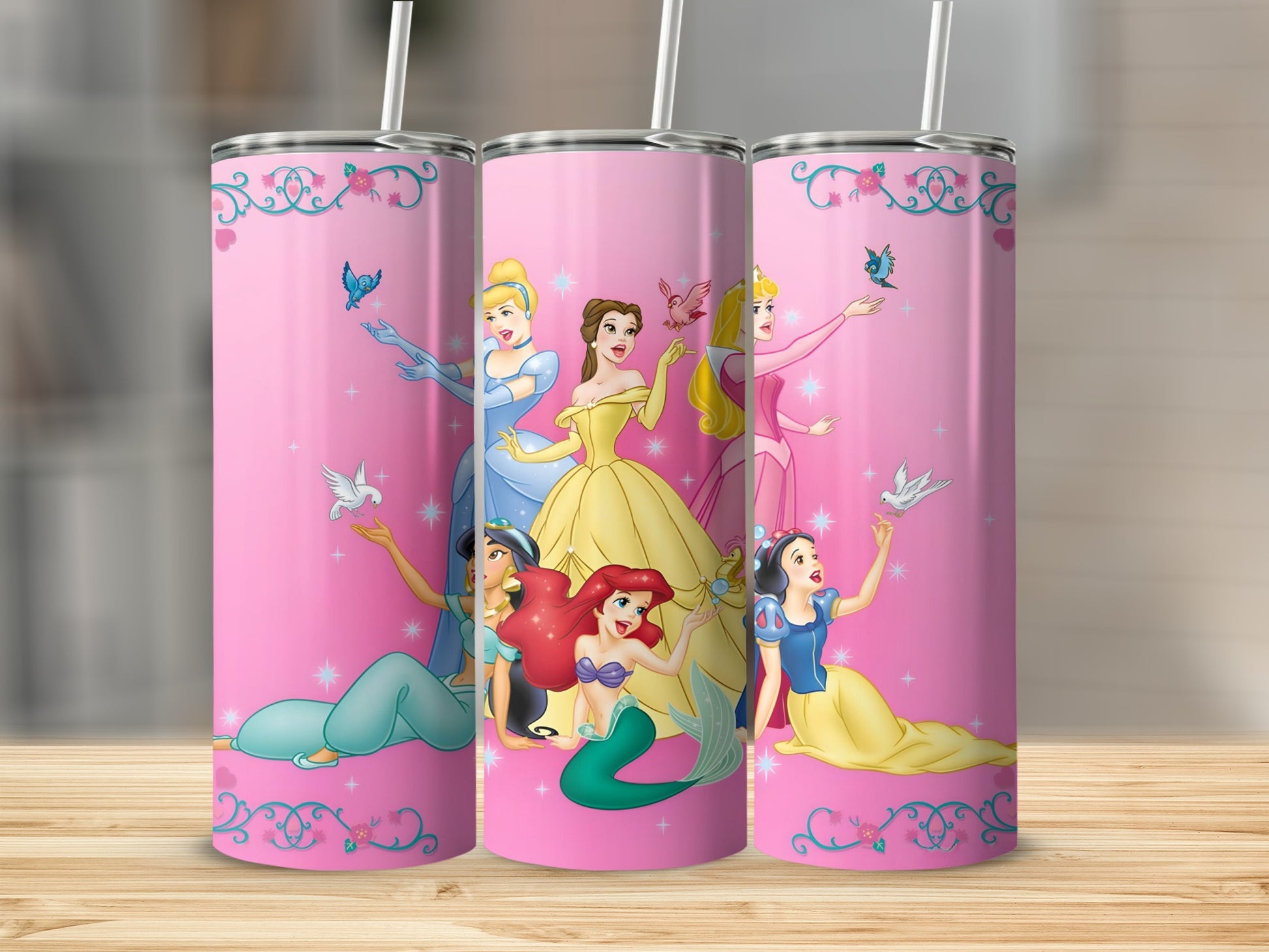 Pink Tumbler with Popular Cartoon Princess Characters