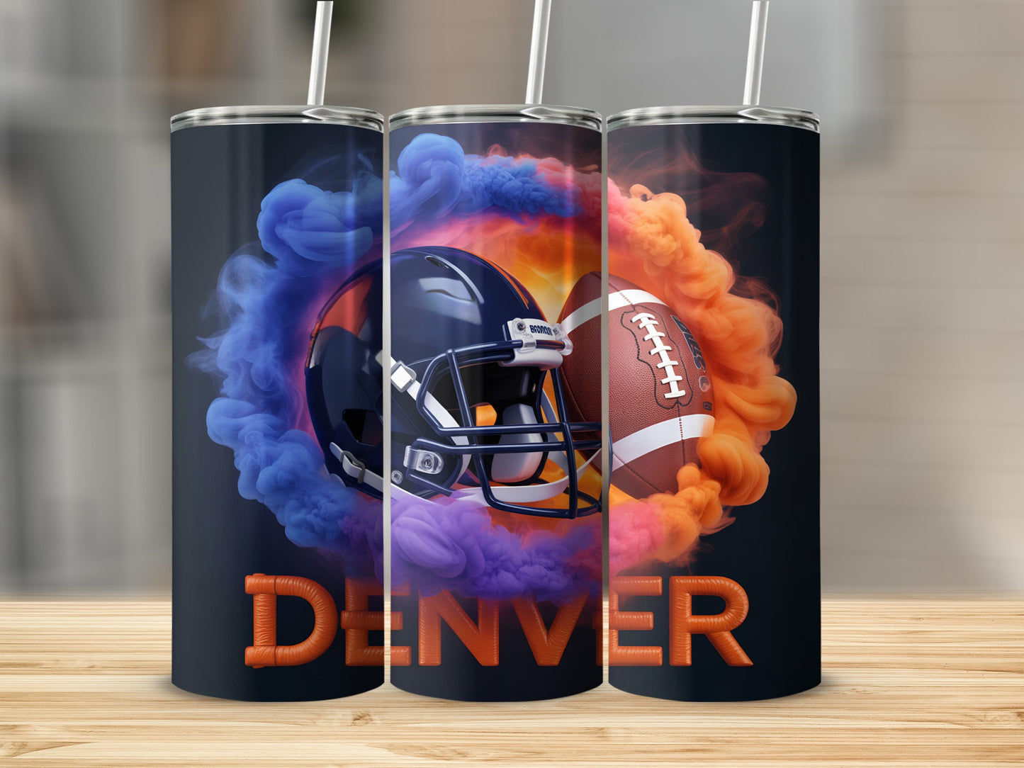 Denver Broncos football helmet and ball surrounded by colored smoke.