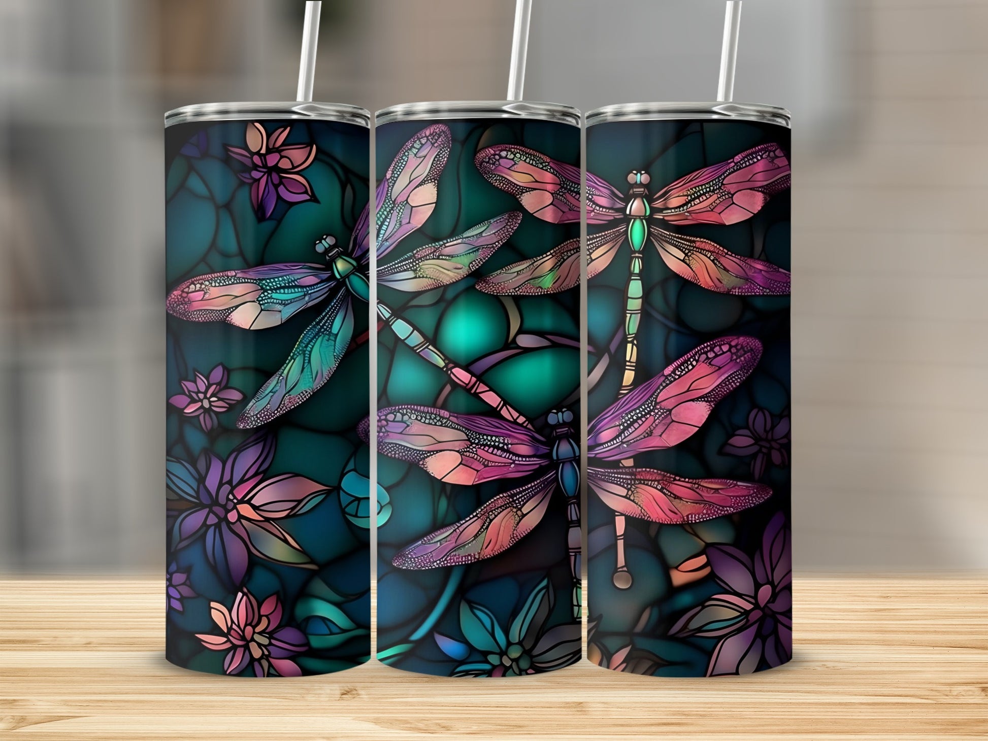 Dragonfly and Floral Pattern Stainless Steel Tumbler