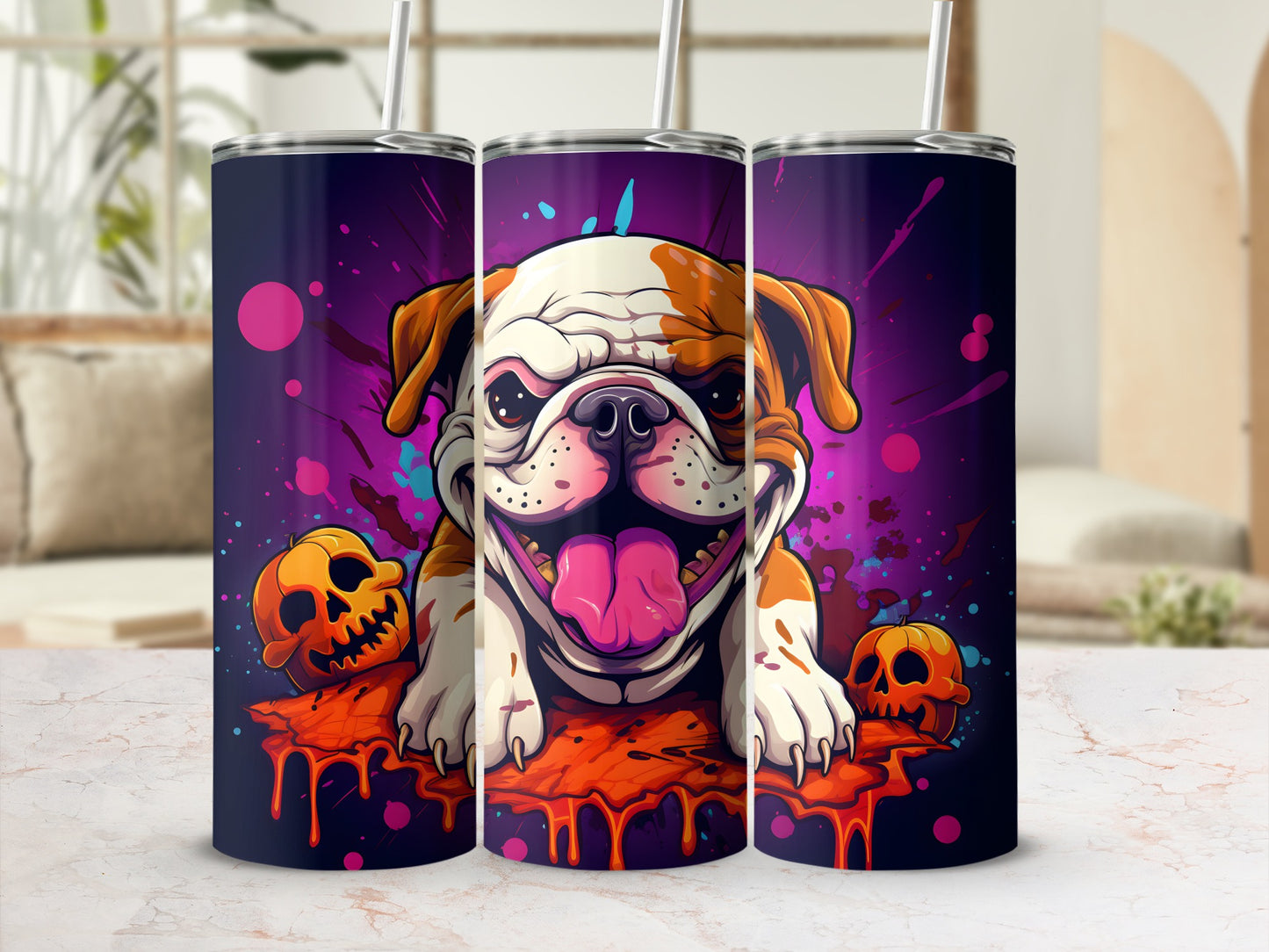 Bulldog and pumpkin illustration on three tumblers with straws.