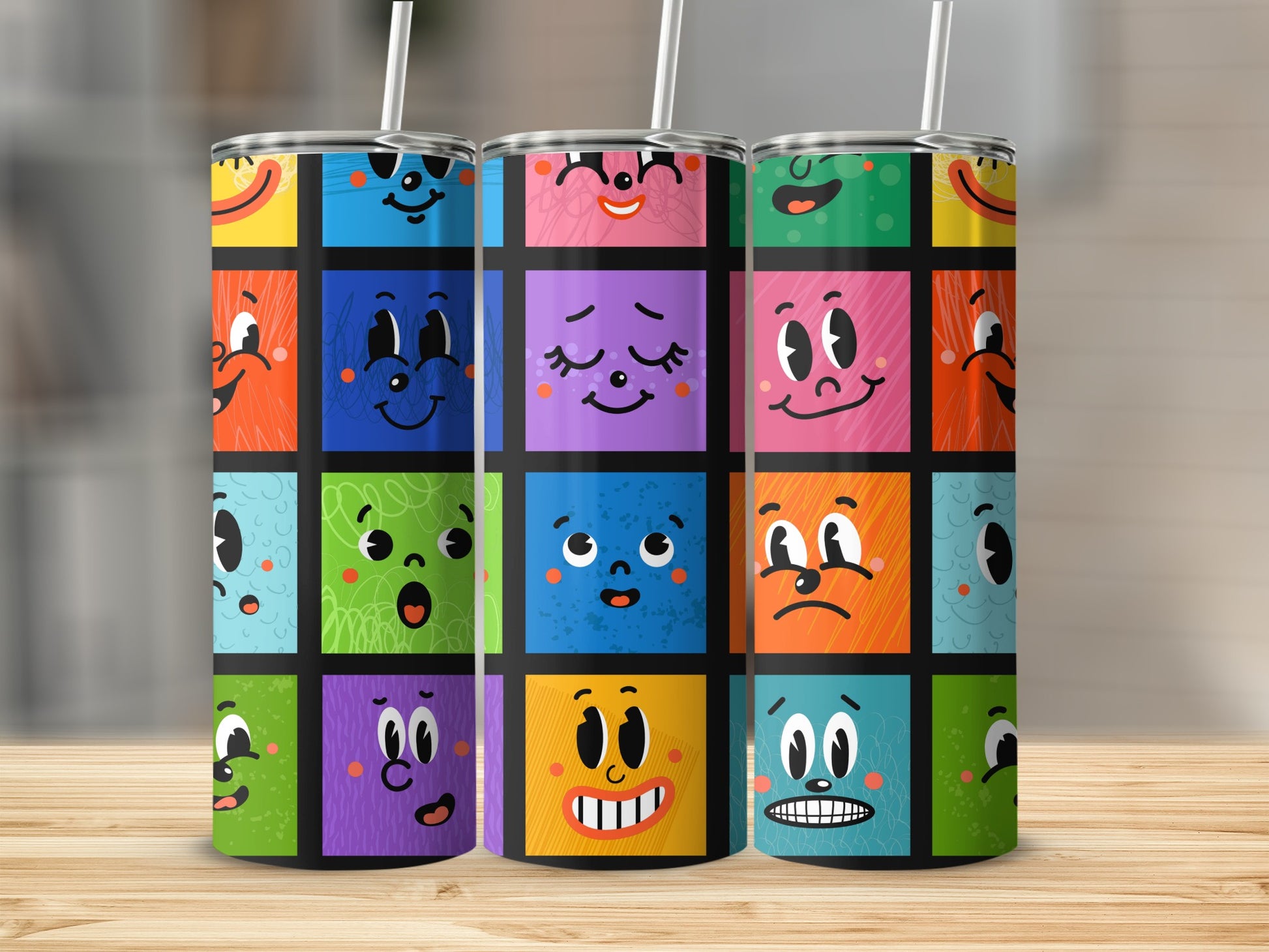 Colorful Tumblers with Cartoon Faces Design