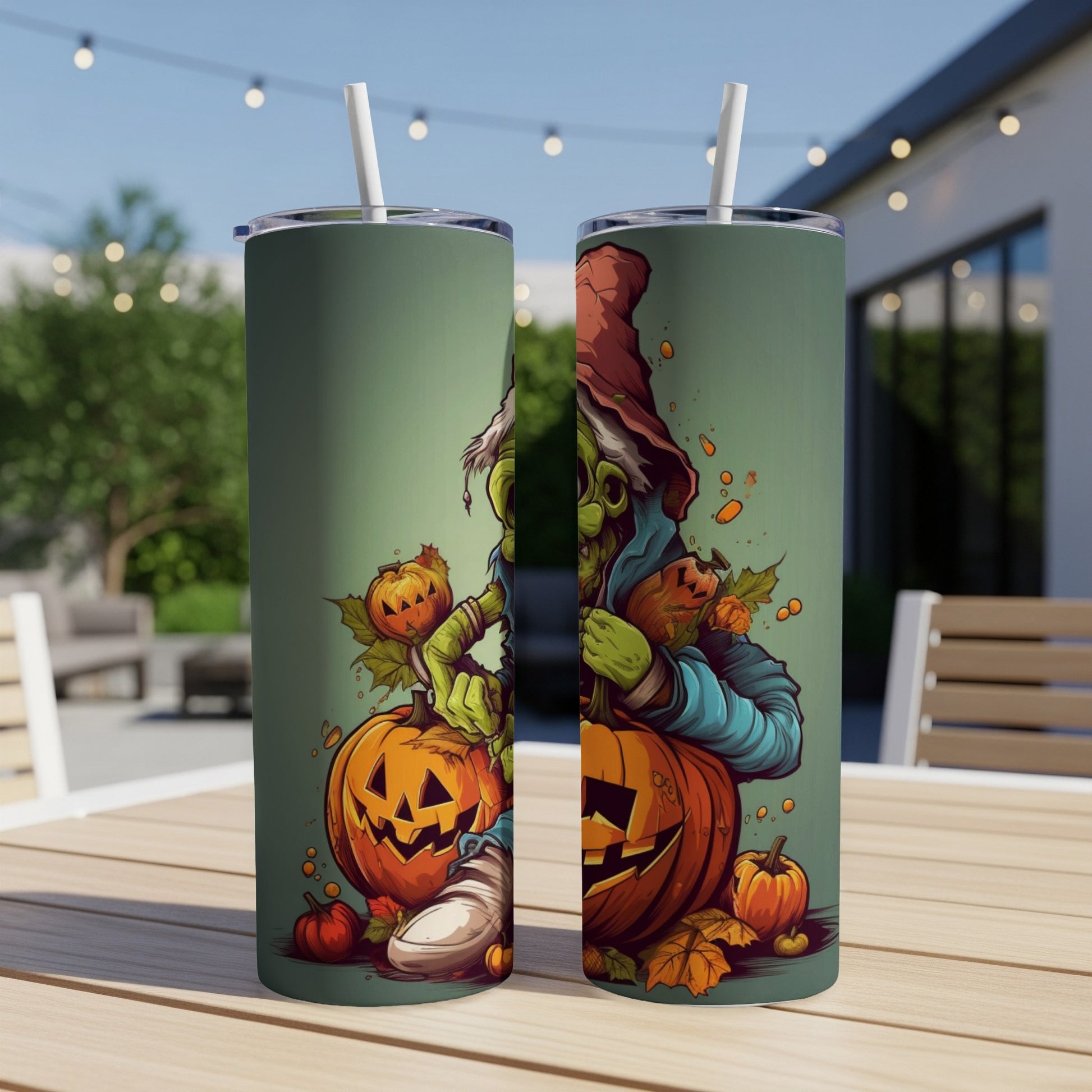 Green tumbler with a cartoon goblin character holding pumpkins and autumn leaves.
