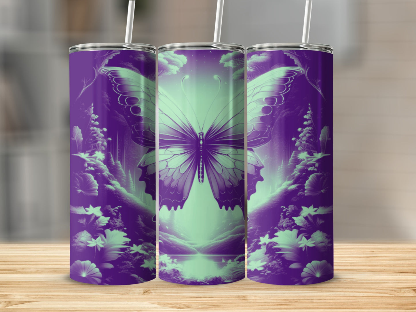 Purple and green butterfly art on three tumblers with floral background.