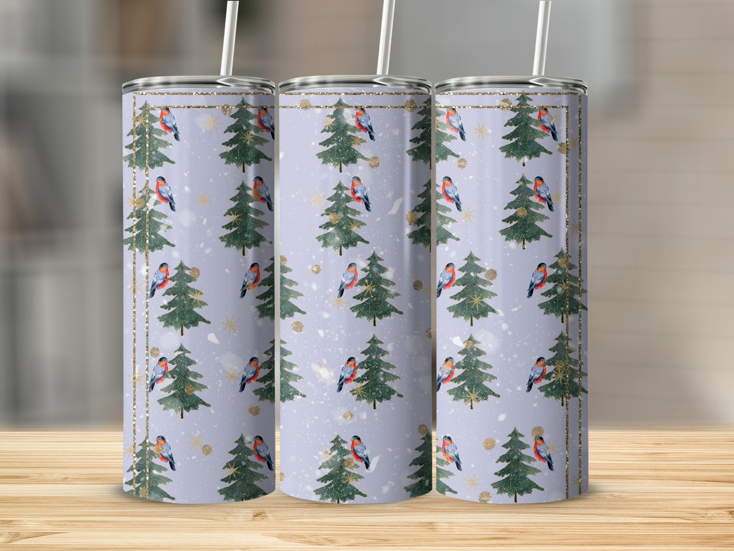 Three tumblers with a festive Christmas tree and bullfinch pattern.