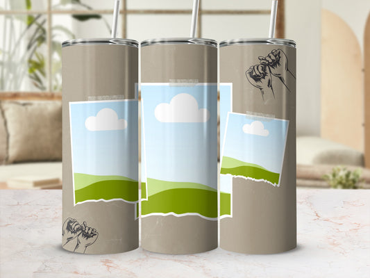 Three tan tumblers with blank photo placeholders and raised fist graphics.