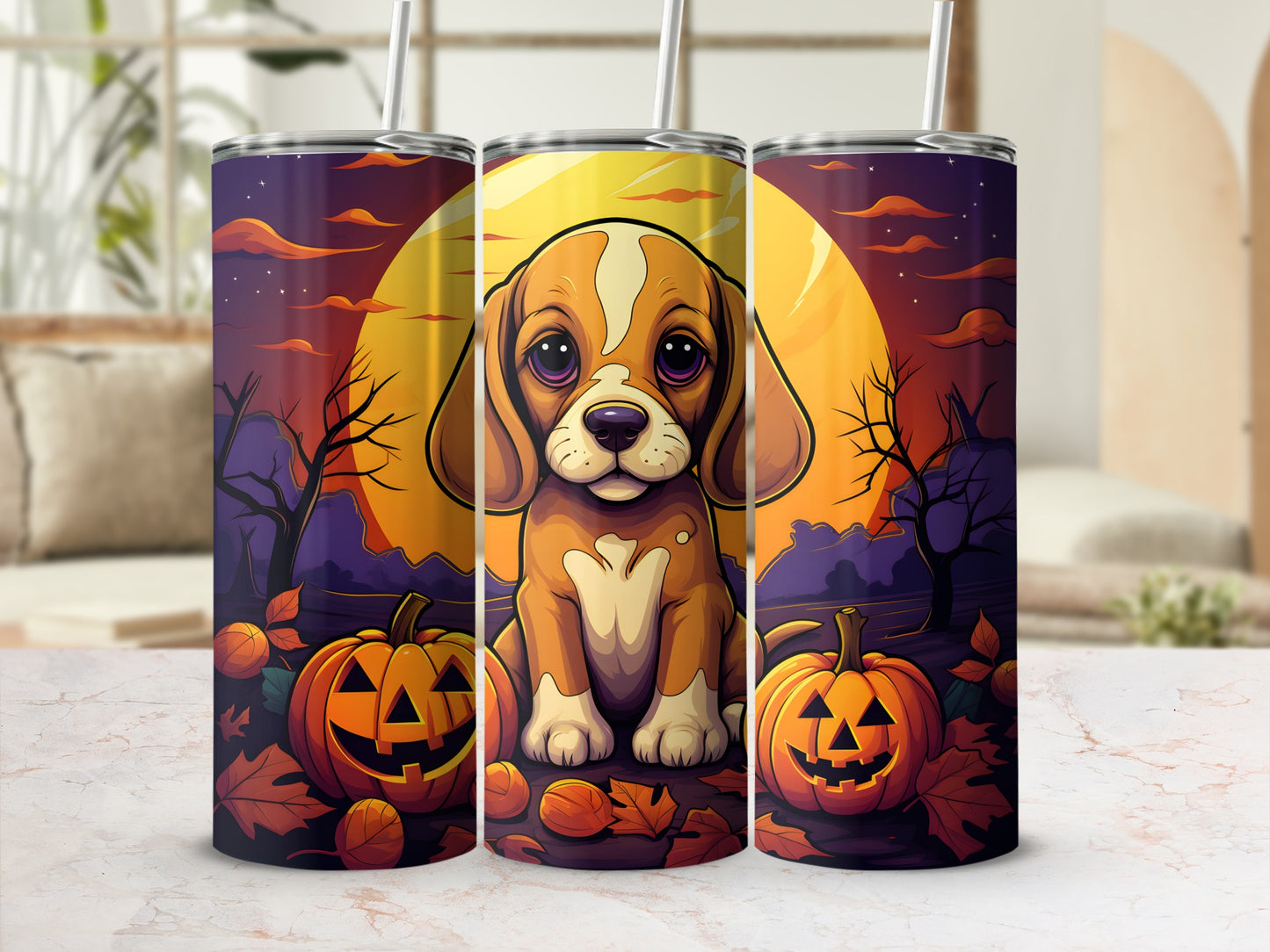 Cute dog with pumpkins and fall leaves on a Halloween-themed tumbler.