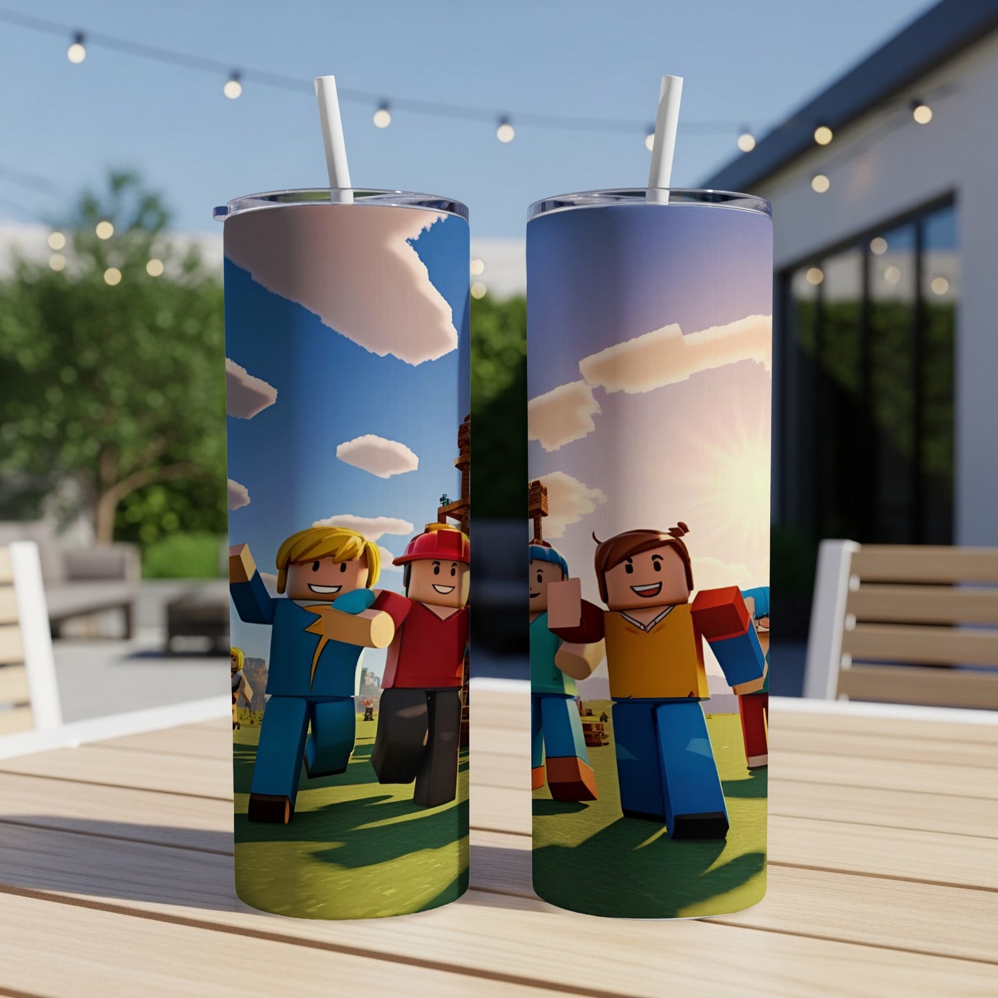 Roblox characters with straw tumblers on a table outdoors.