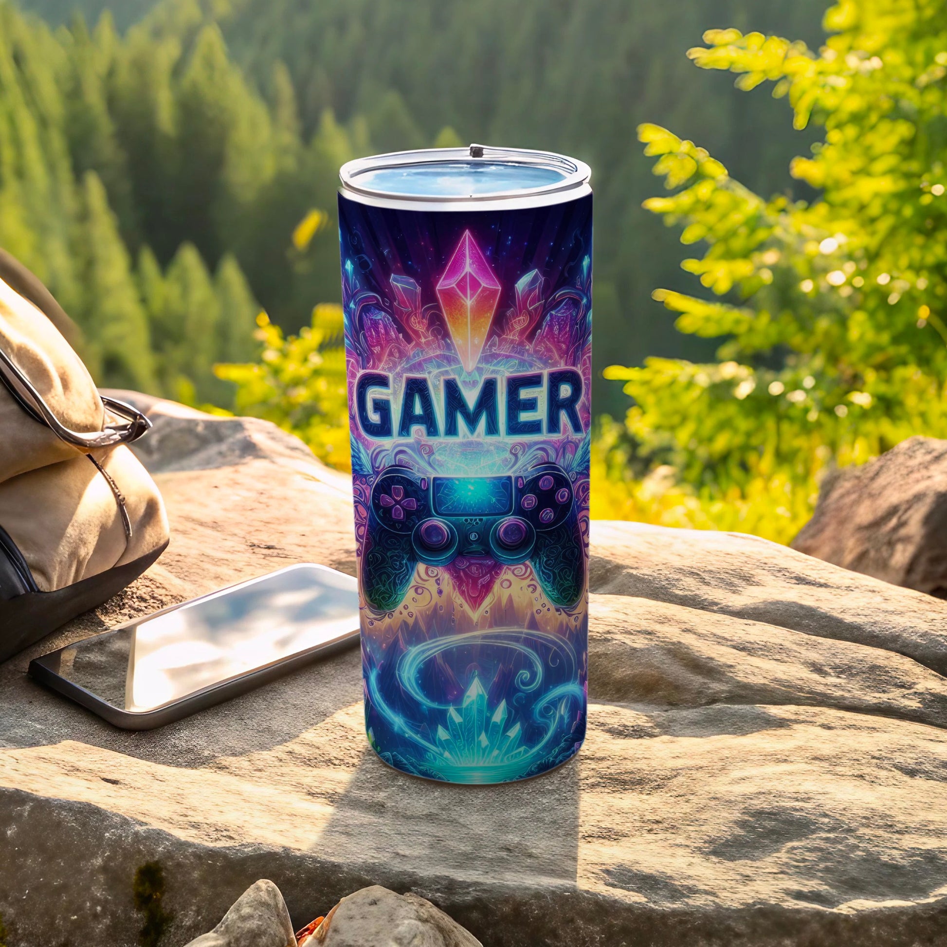 Tumbler with "GAMER" text and a vibrant, glowing video game controller design.