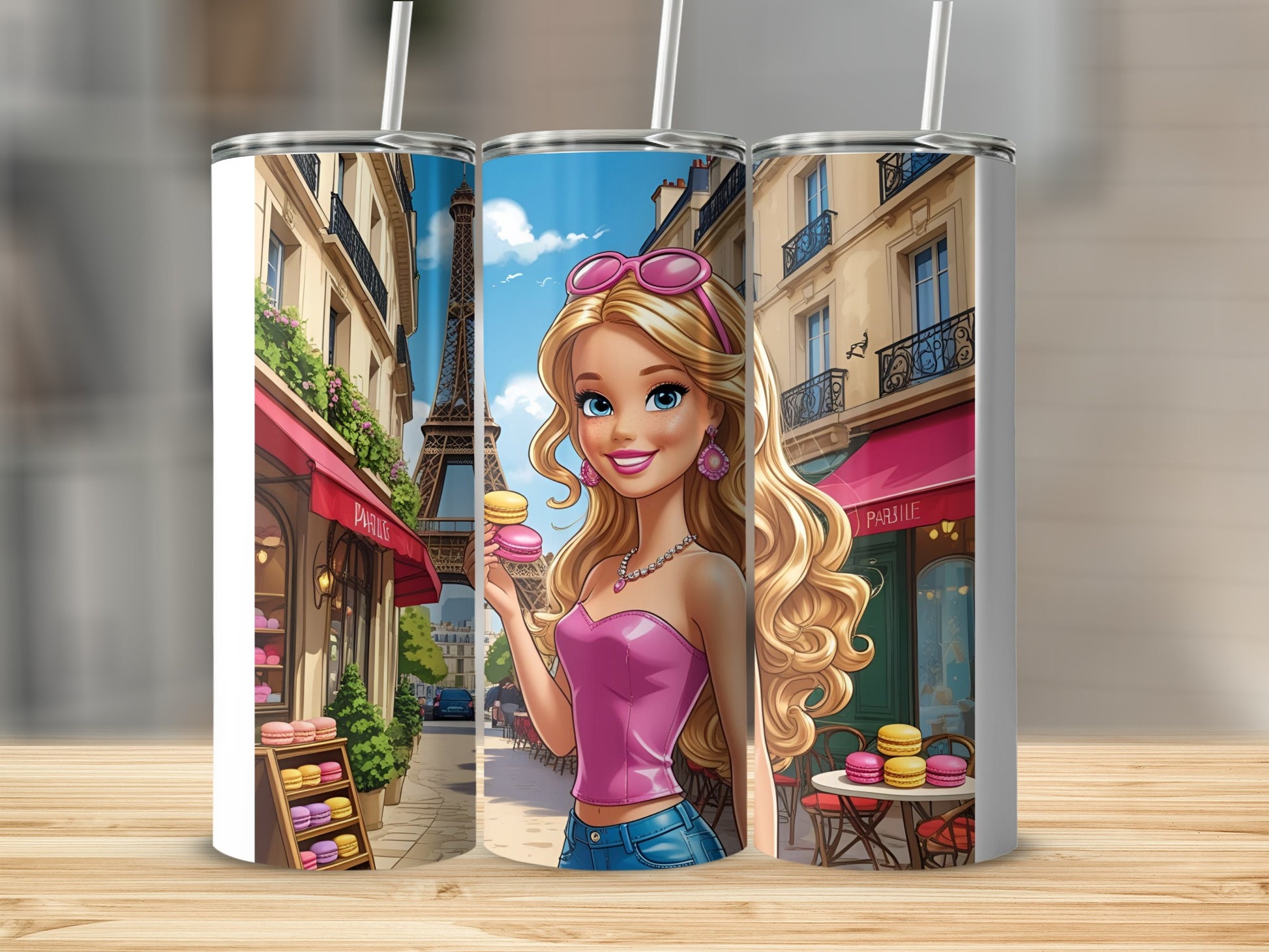 Barbie in Paris holding macarons in front of Eiffel Tower.