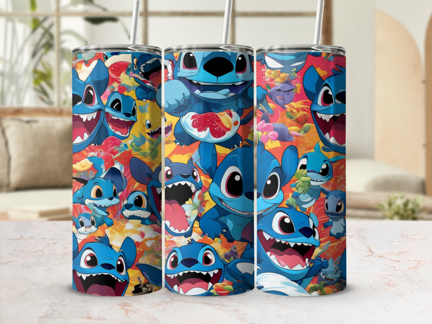 Three tumblers with Stitch characters in various playful poses and expressions.