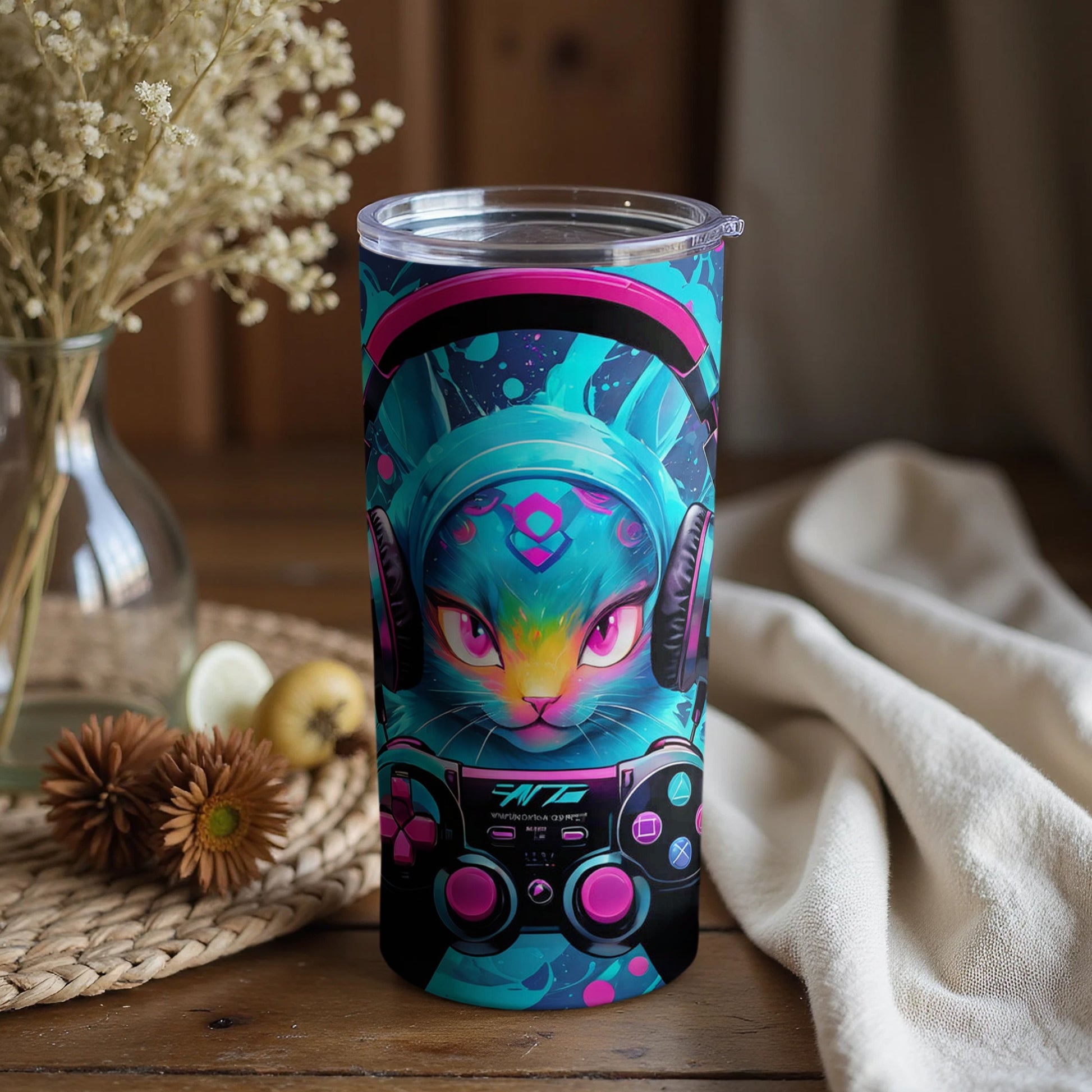 Vibrant Neon Cat Design Insulated Drink Tumbler