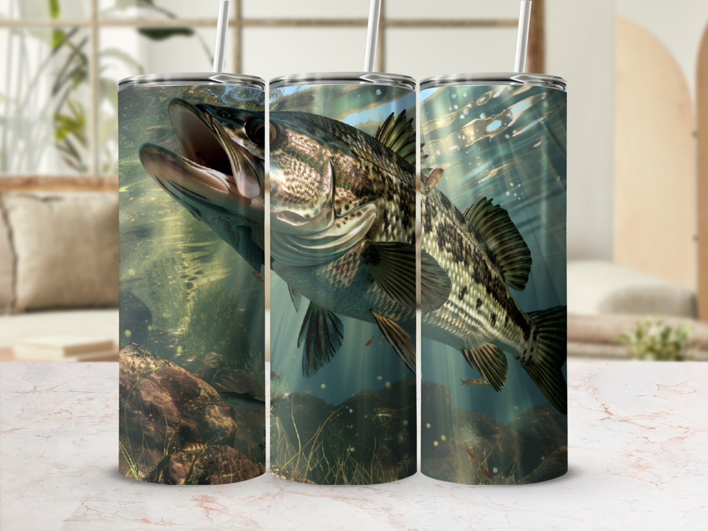 Largemouth bass swimming underwater with sunlight filtering through the water.