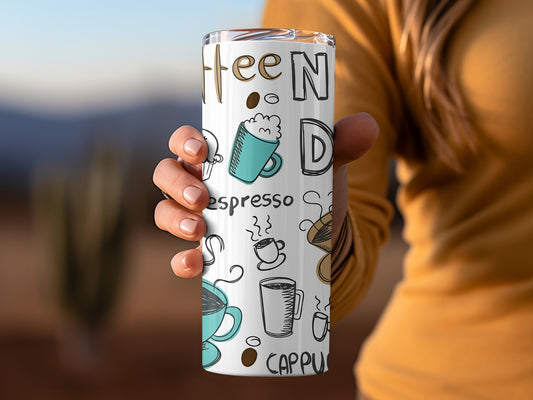 Hand-drawn Coffee Themed Travel Mug with Lid