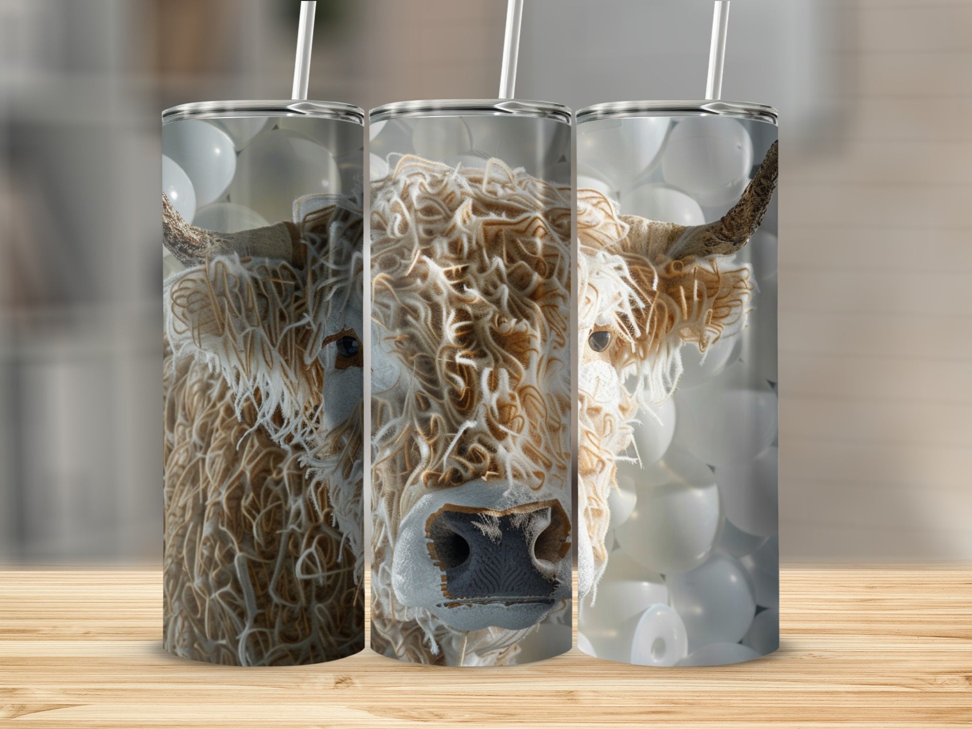 Three Highland cows on tumblers with white balloons background.