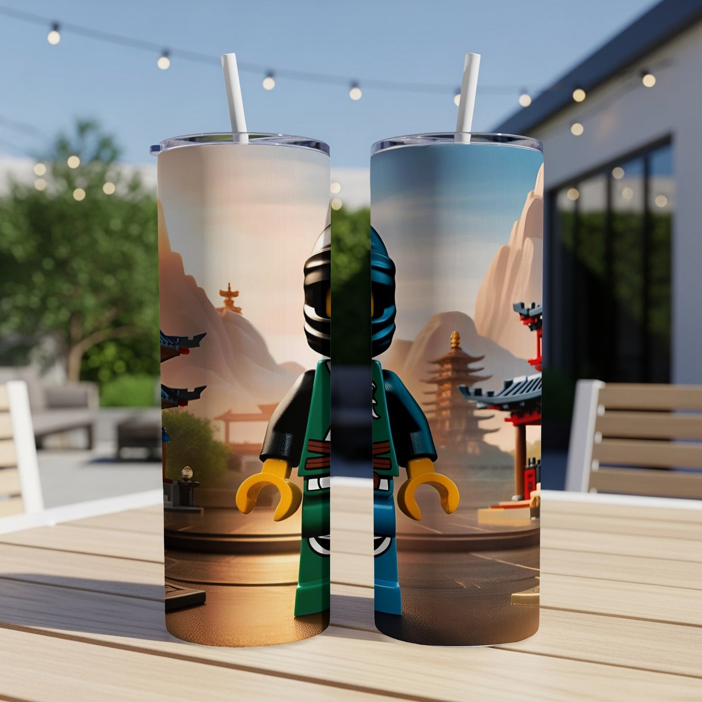 Two Ninjago character tumblers with Asian temple scenery and mountains.