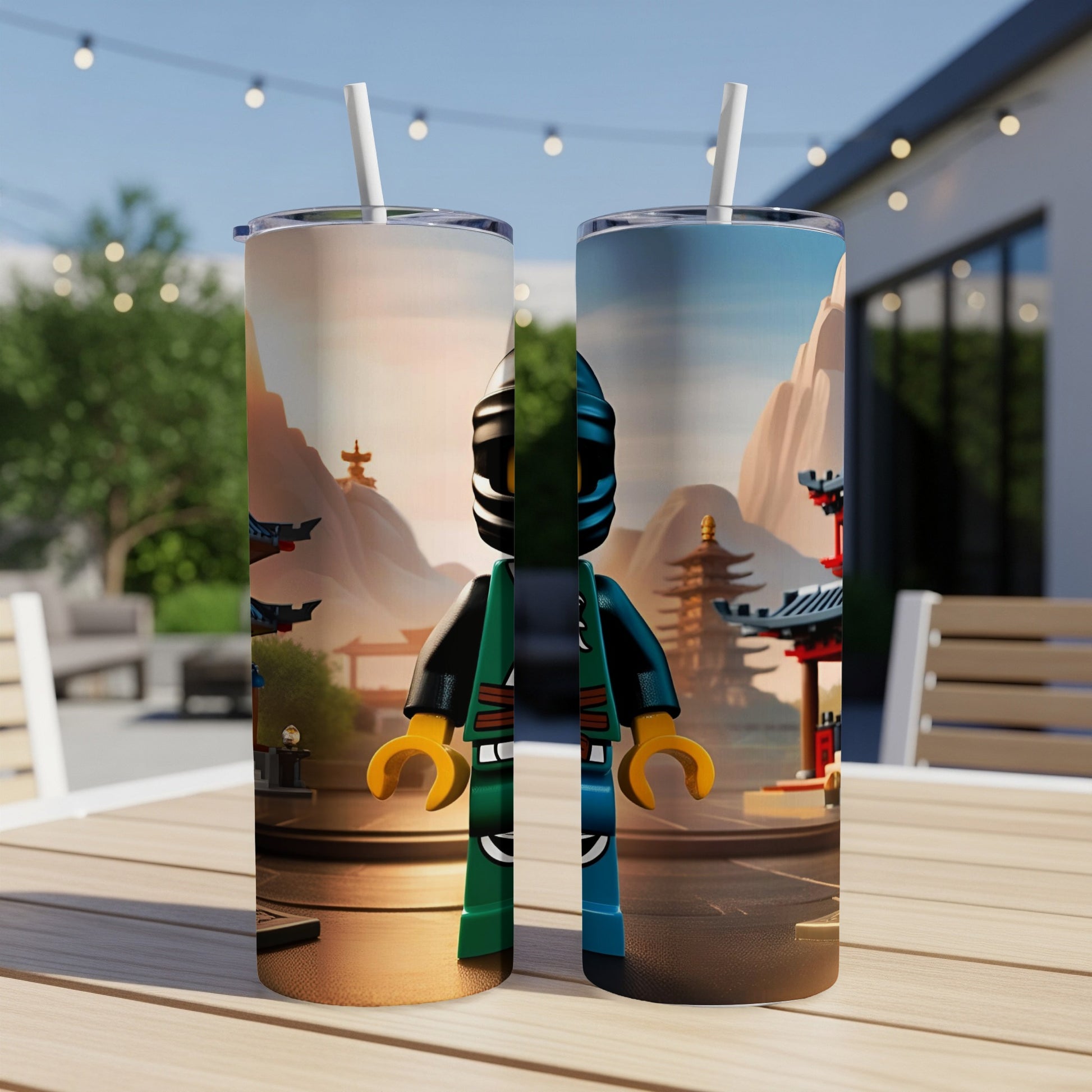 Two Ninjago character tumblers with Asian temple scenery and mountains.