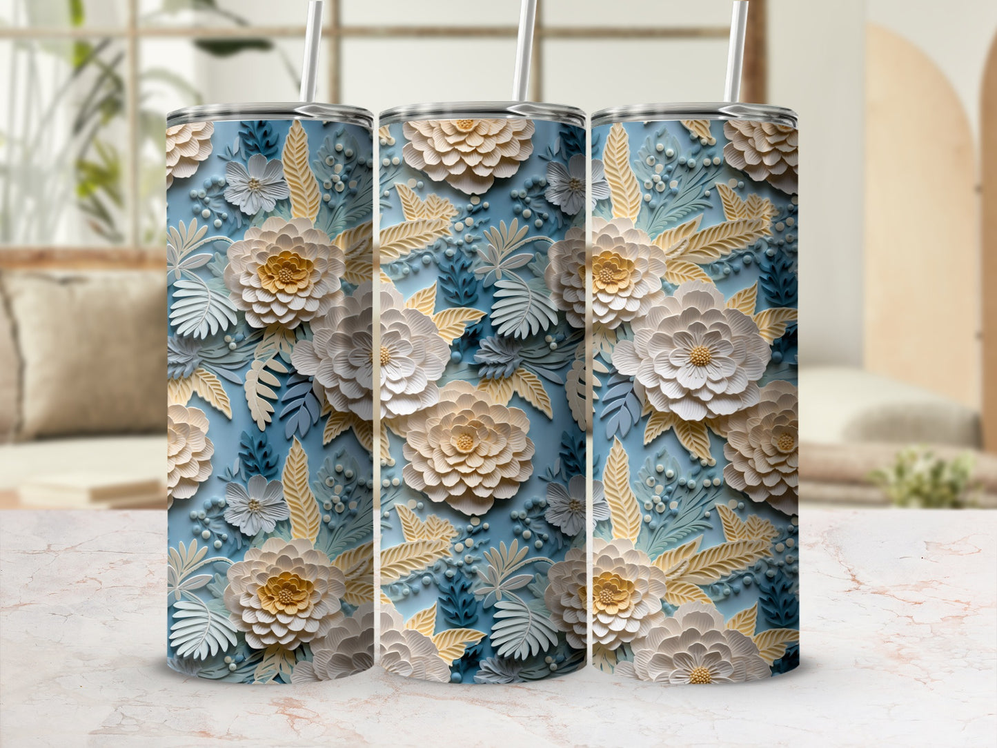 Intricate Floral Blooms and Leaves Pattern Tumbler