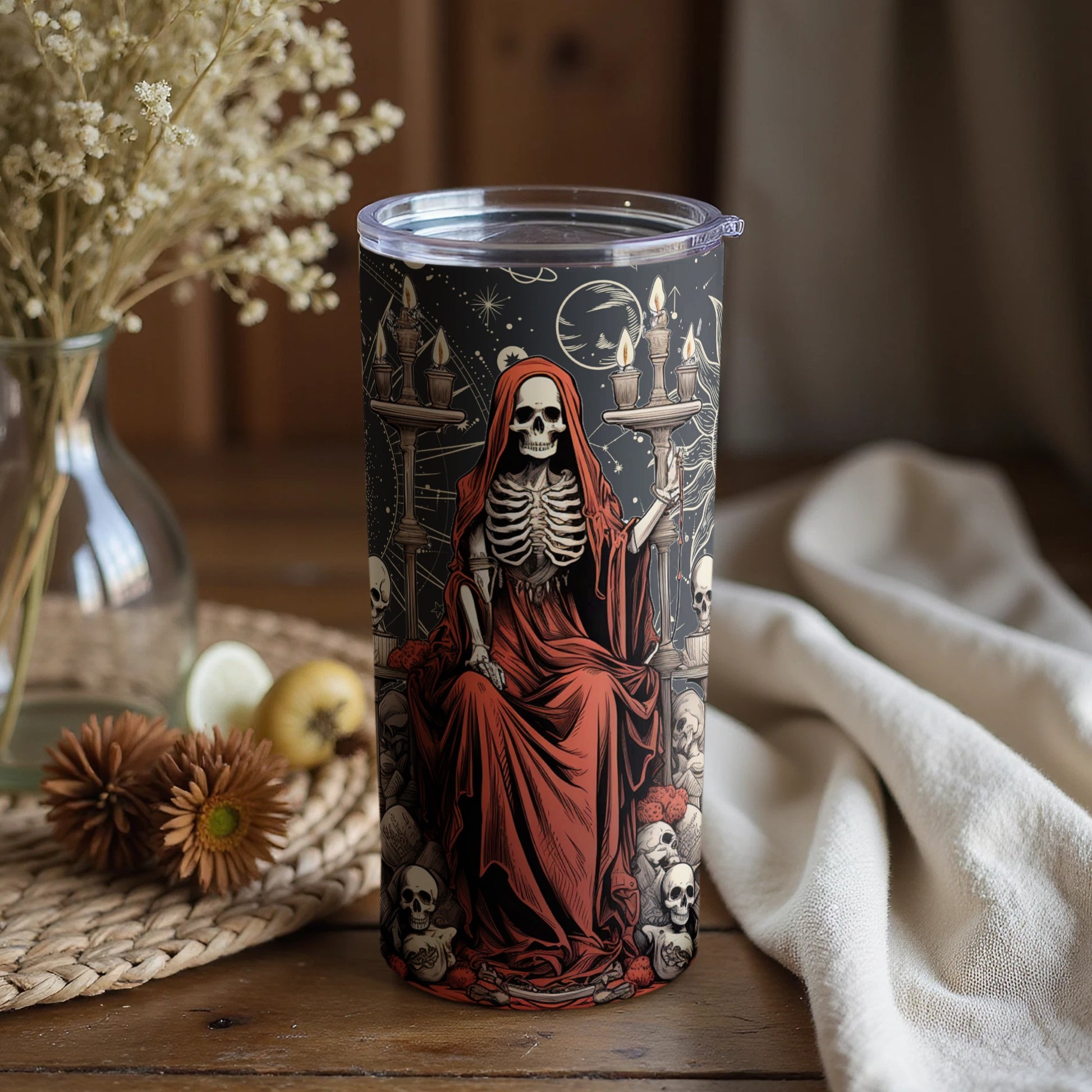 Gothic Skeleton Artwork on Black Travel Tumbler