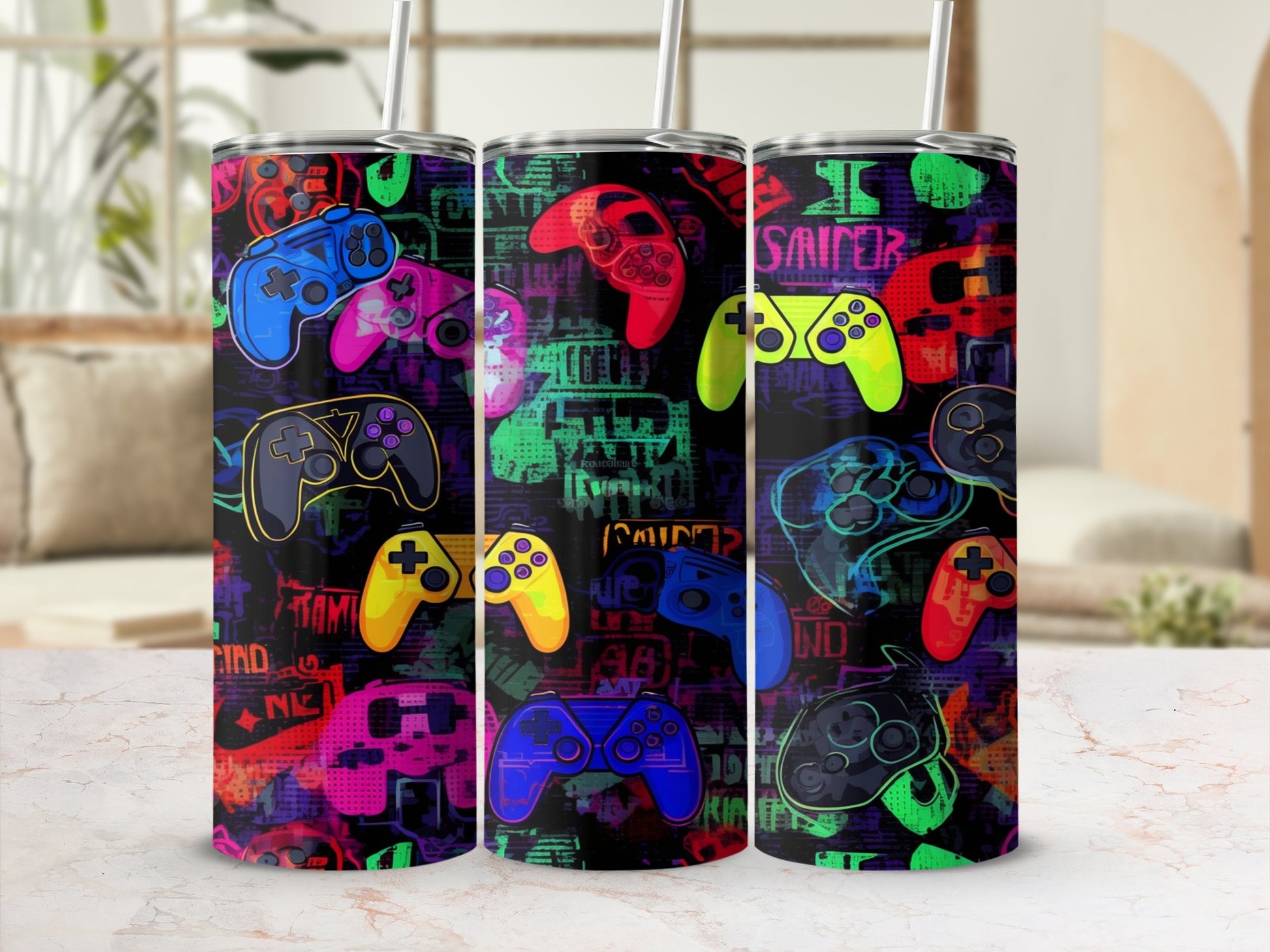 Colorful video game controllers pattern on a sublimation tumbler.