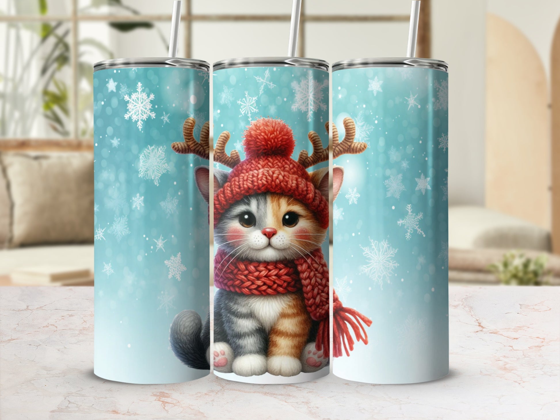 Cute cat in festive antlers and scarf on snowy background.