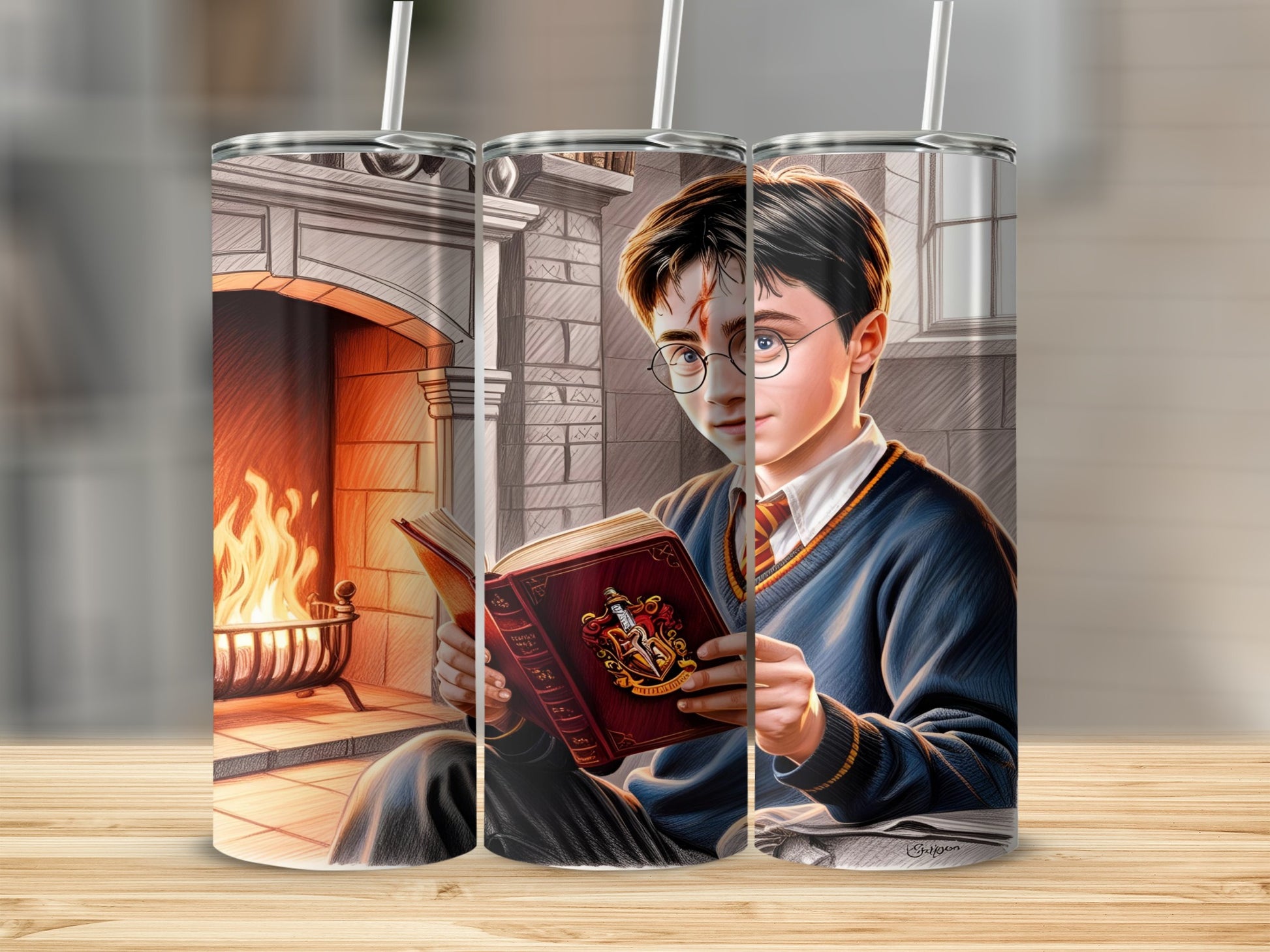 Harry Potter reading a book by a fireplace.