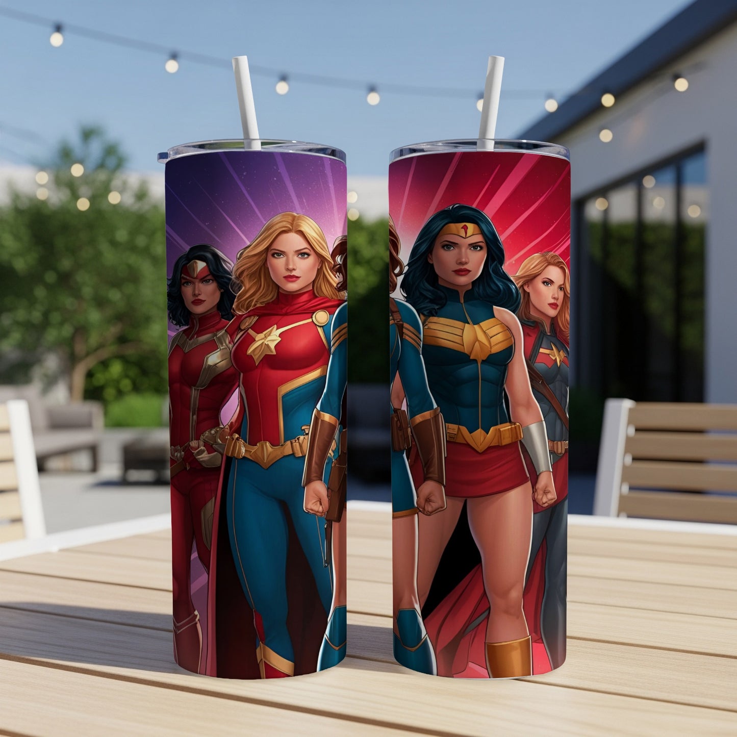Four female superheroes standing side-by-side on a table.