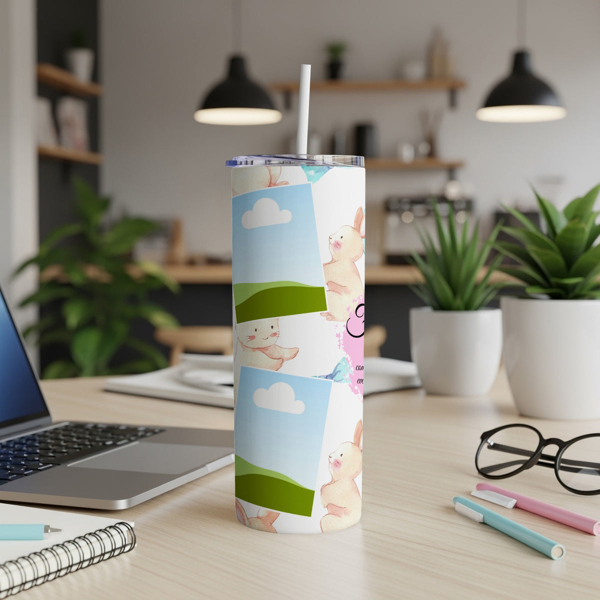 Tumbler with watercolor bunnies and framed scenic pictures, straw included.