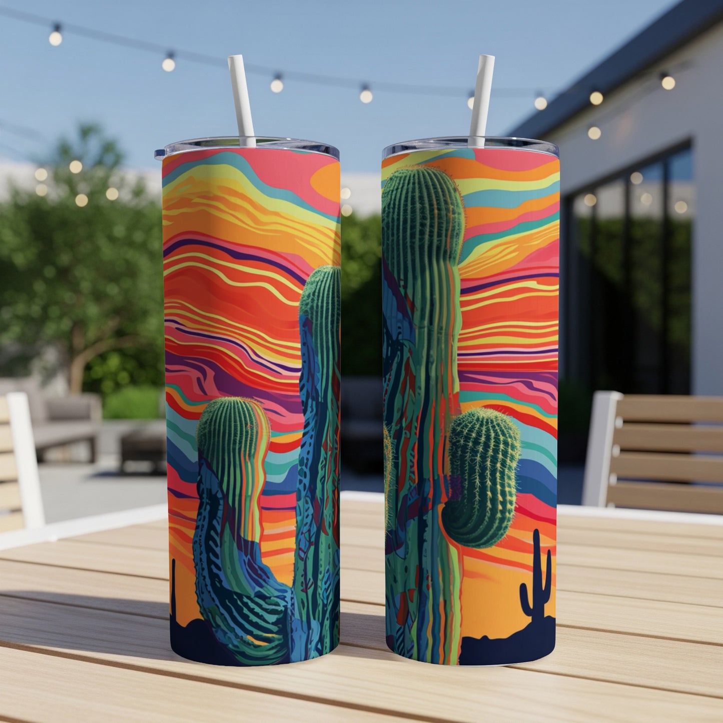 Two tall tumblers with a colorful desert sunset cactus design.