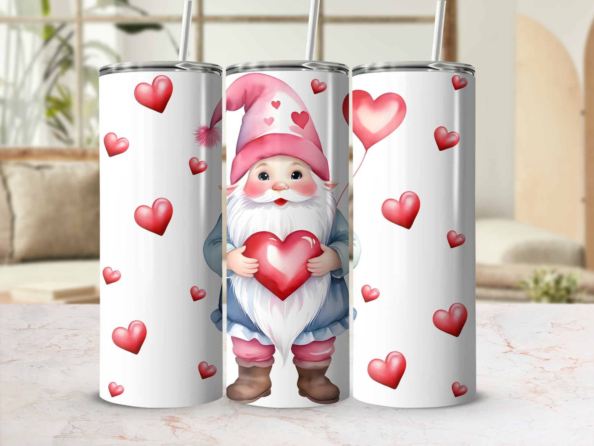 Three tumblers with a gnome holding a heart, surrounded by hearts.