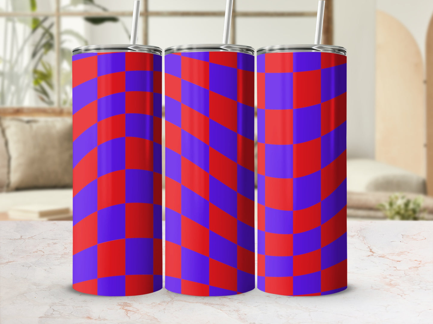 Three tumblers with a checkered blue and purple pattern.
