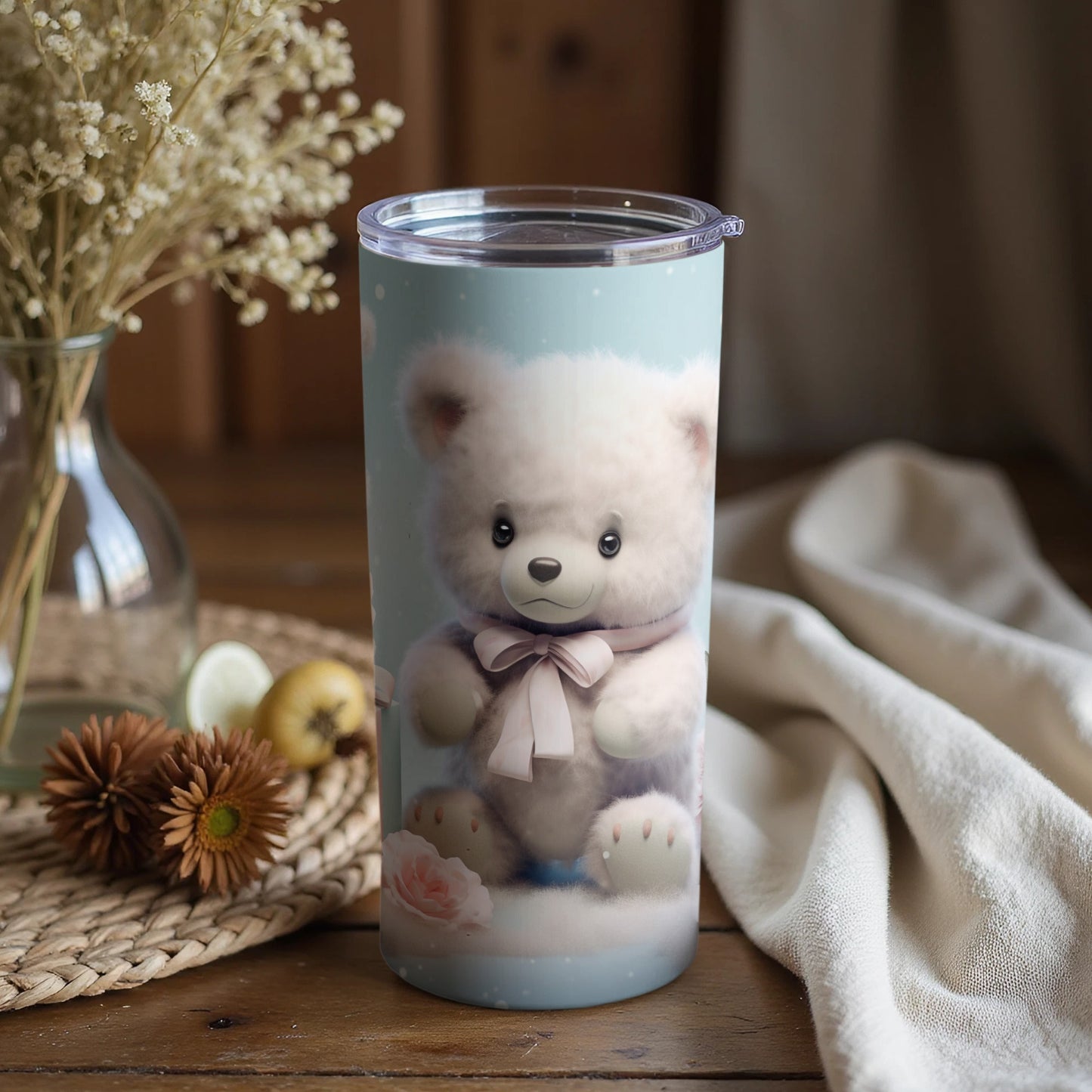 Adorable Fluffy White Teddy Bear Pink Bow Rose Design Tumbler product type